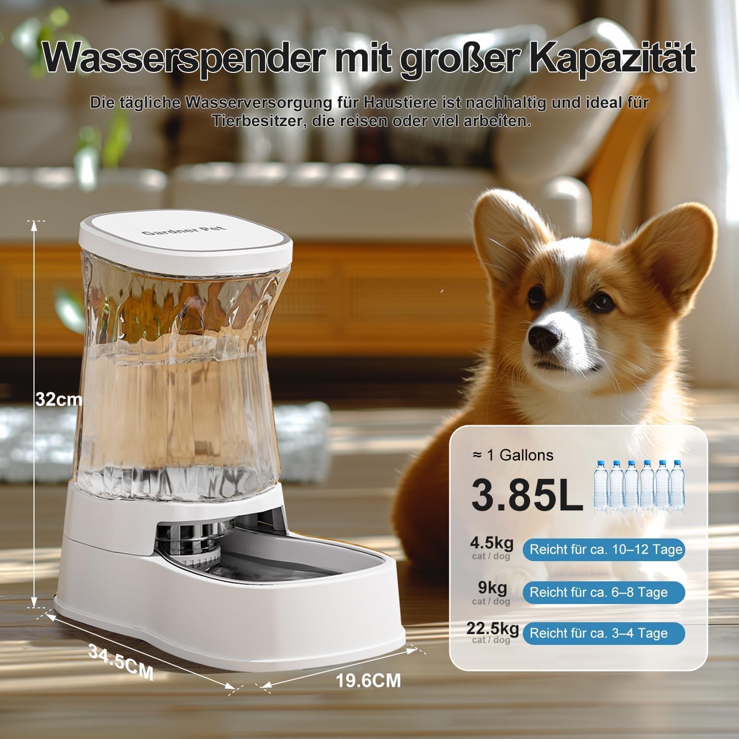 Thumbnail 1 de Gardner Pet Futterautomat Katze 3,85 L – Gravitation Wasserspender aus Edelstahl, BPA-frei, ohne Strom, weiß