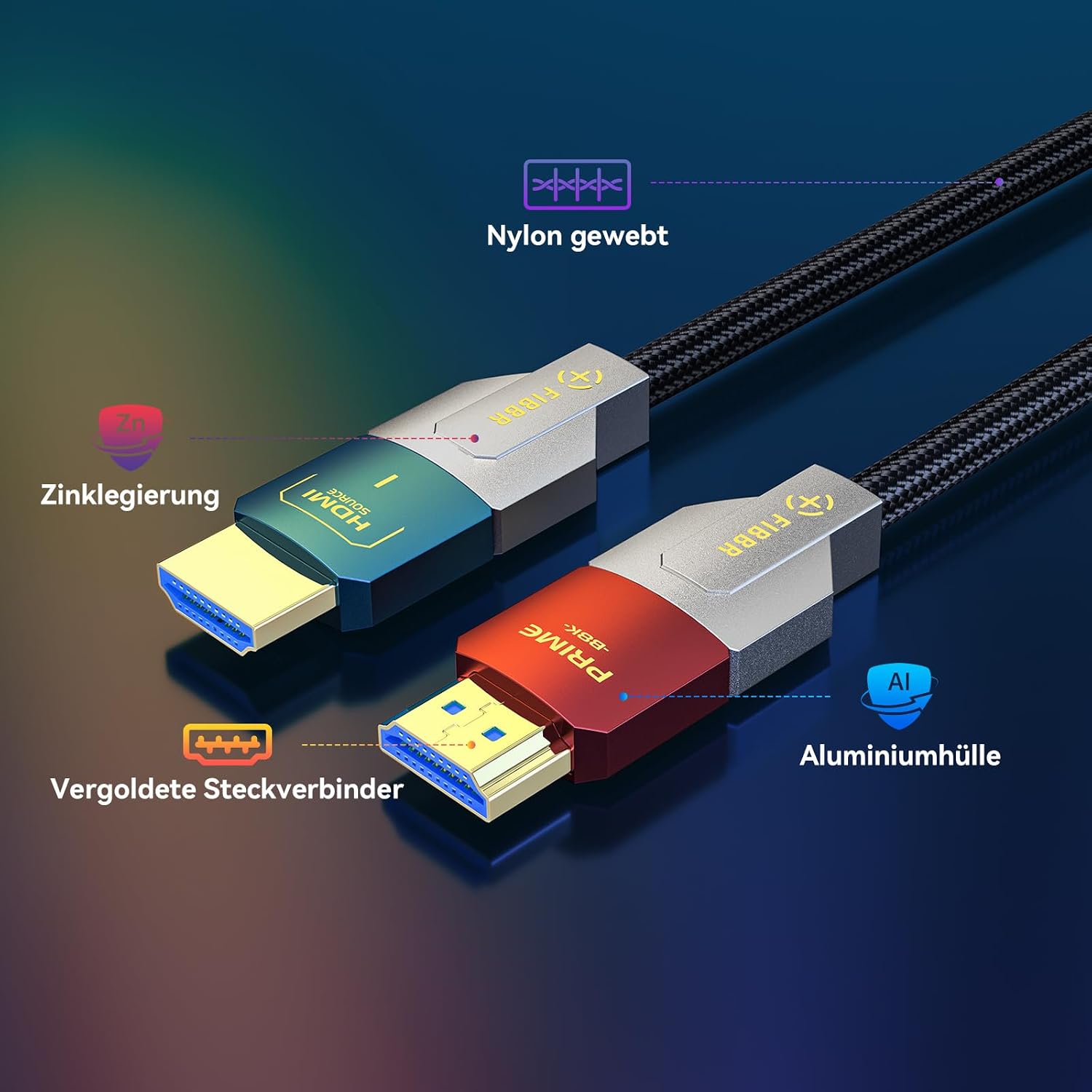 Detalle de FIBBR HDMI 2.1 Glasfaserkabel 5M – 8K/4K High-Speed, echte Glasfaser mit 48 Gbit/s