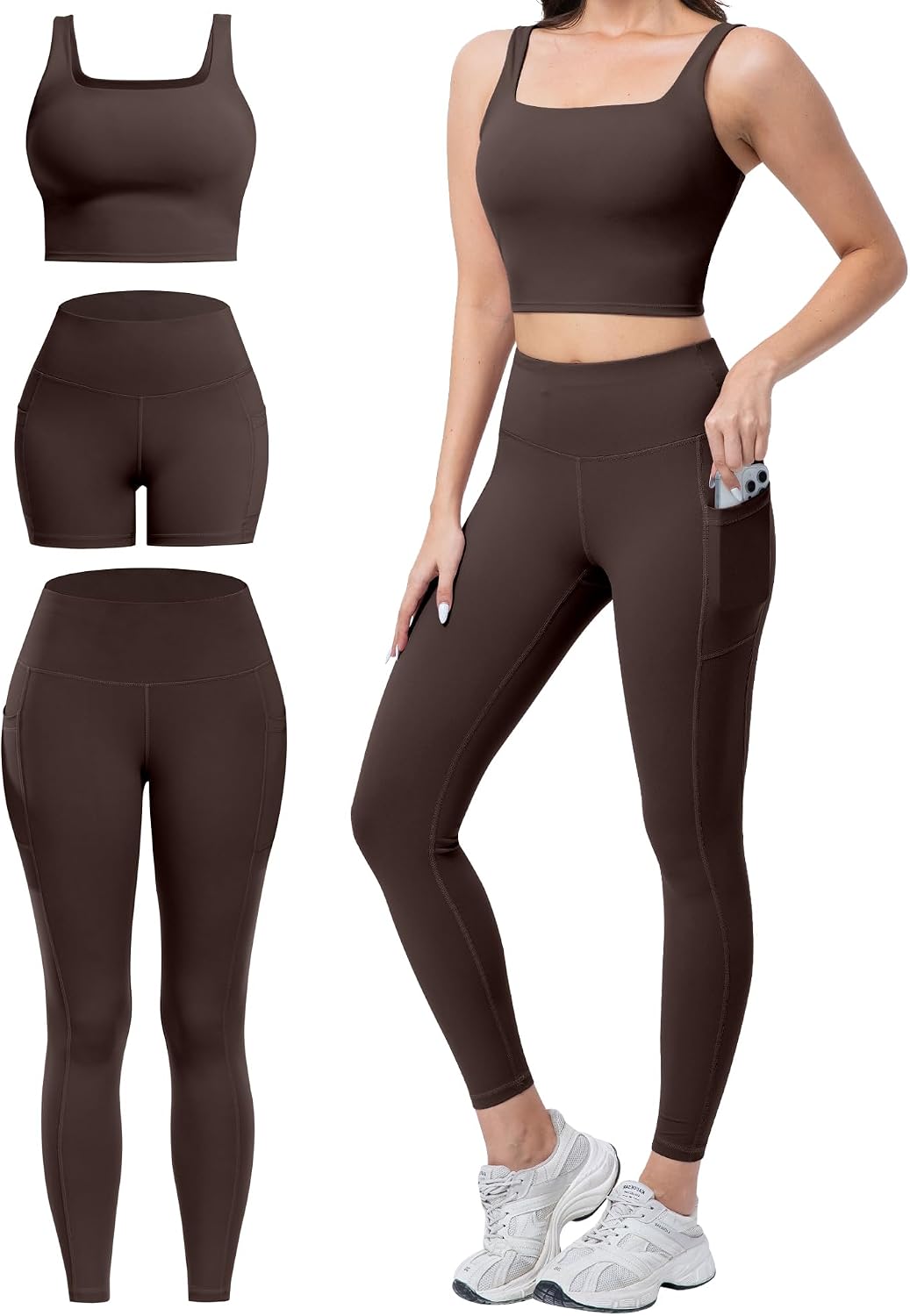 Thumbnail 6 de SALSPOR 3-Piece Workout Set for Women: High-Waisted Leggings with Pockets, Tummy Control Shorts, and Backless Sports Bra