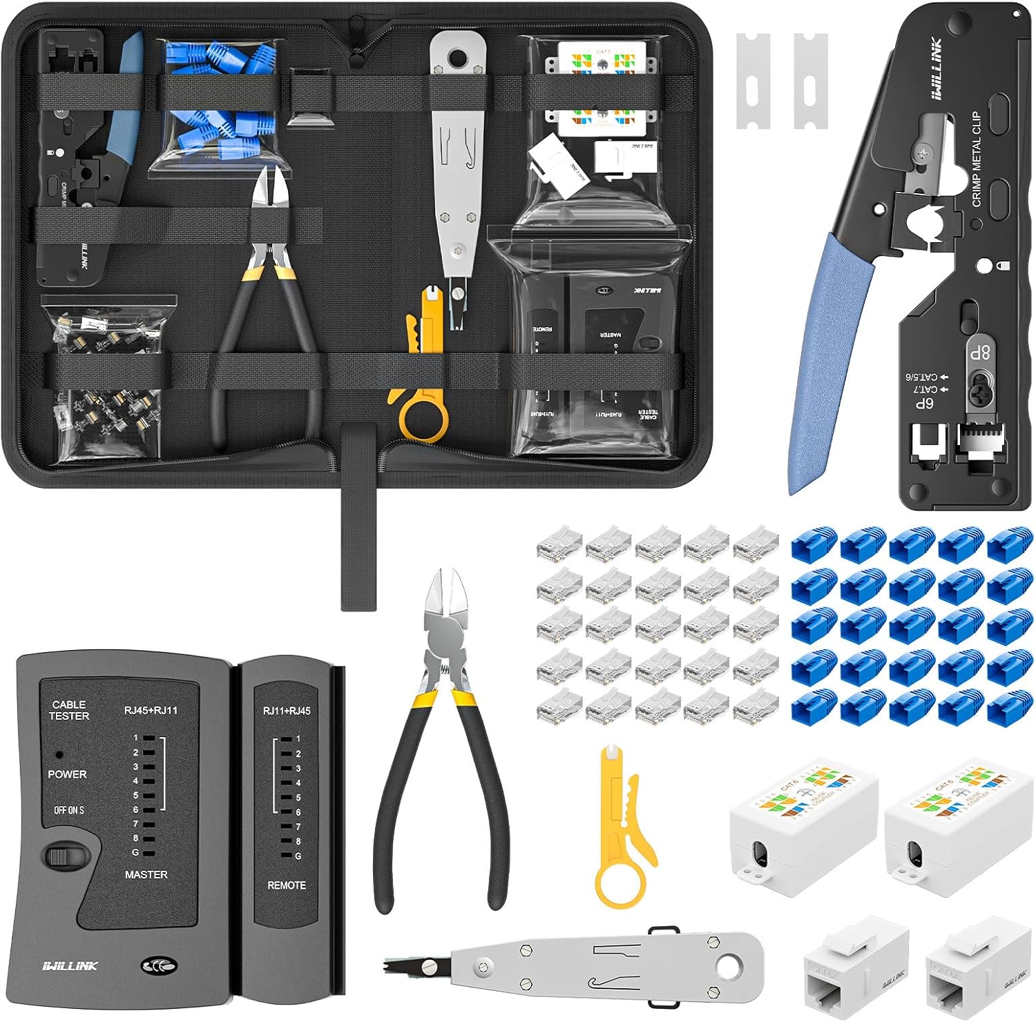 Detalle de iwillink RJ45 Crimp Tool Kit (Cat6/Cat5e/Cat6A) with RJ45 crimper, punch tool, connectors and tester