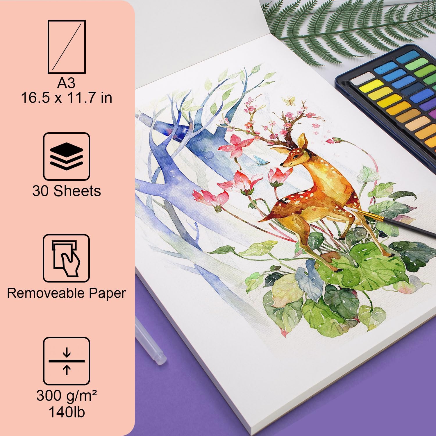 Detalle de Stationery Island Aquarellpapier A3 (300 g/m²) – 30 Blatt Aquarellblock im Skizzenbuch-Format