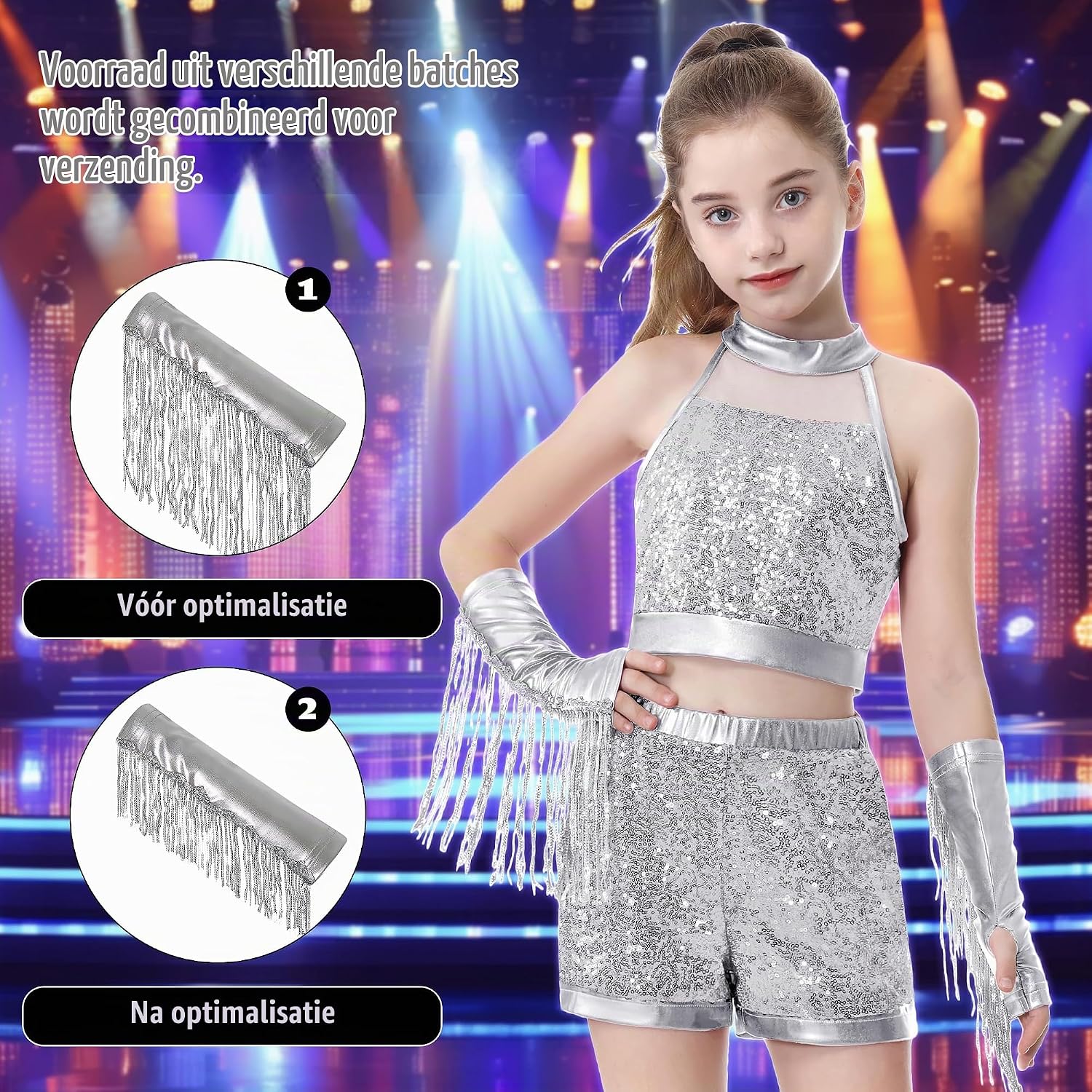 Detalle de LOLANTA paillettendansset voor meisjes met crop top, shorts en franjes