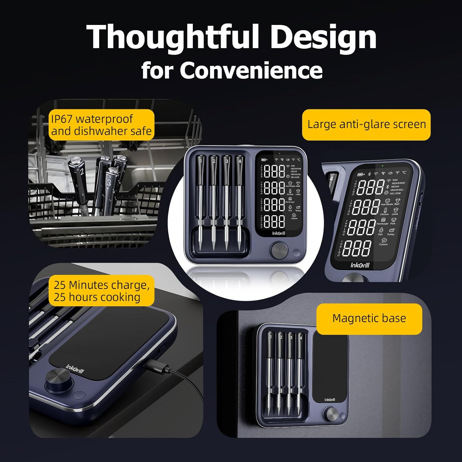 Thumbnail 5 de InkGrill Wireless Meat Thermometer with APP Control — 4 Probes, Dual-Sensor Probes, IP67, and Magnetic Base