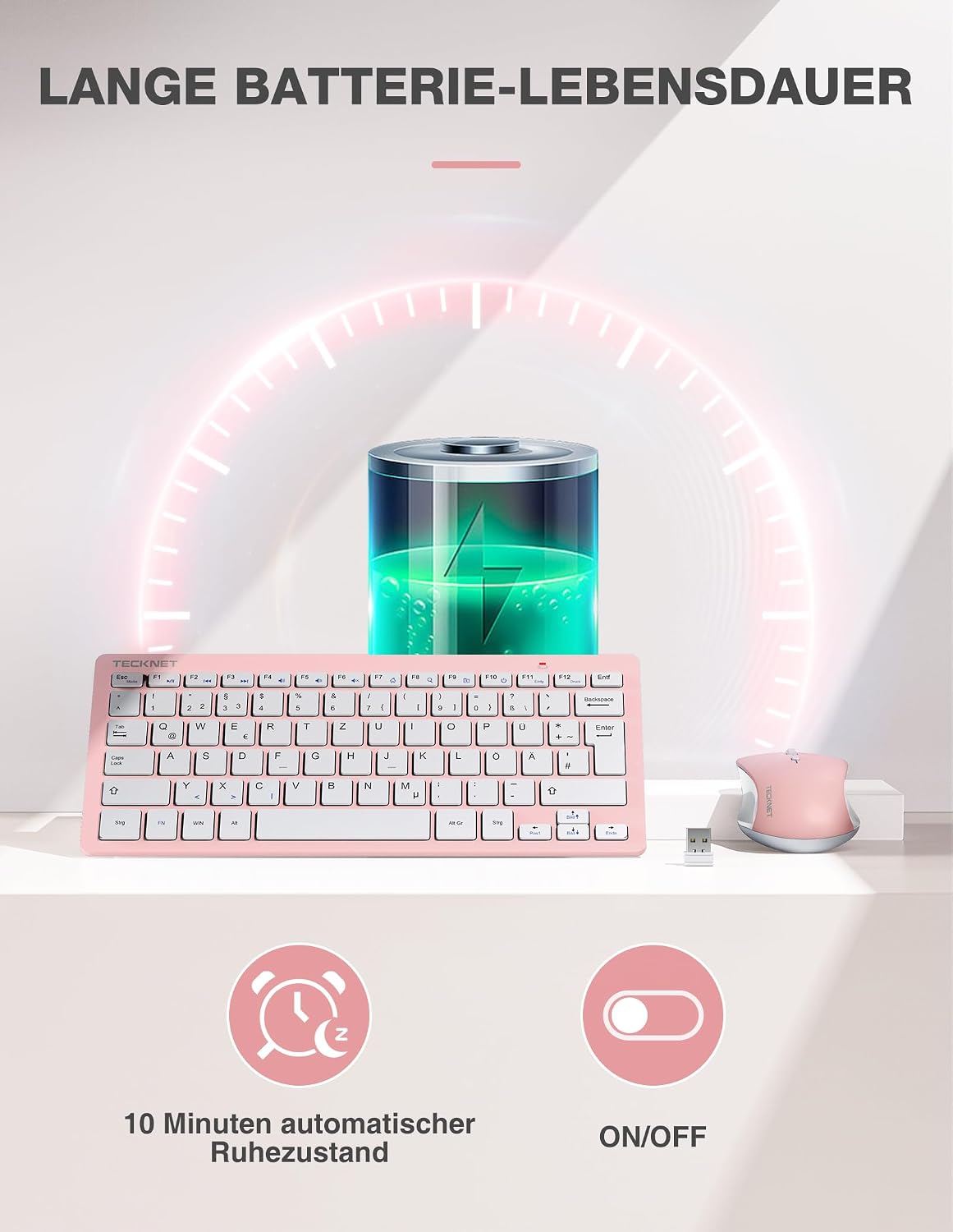 Detalle de TECKNET Kabelloses Tastatur- und Maus-Set Rosa – Deutsch QWERTZ, 2,4 GHz, 15 m Reichweite