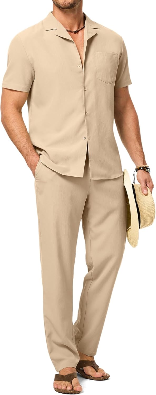 Detalle de JMIERR Men Texture 2-Piece Outfit Short Sleeve Beach Button-Down Shirt & Pant Set