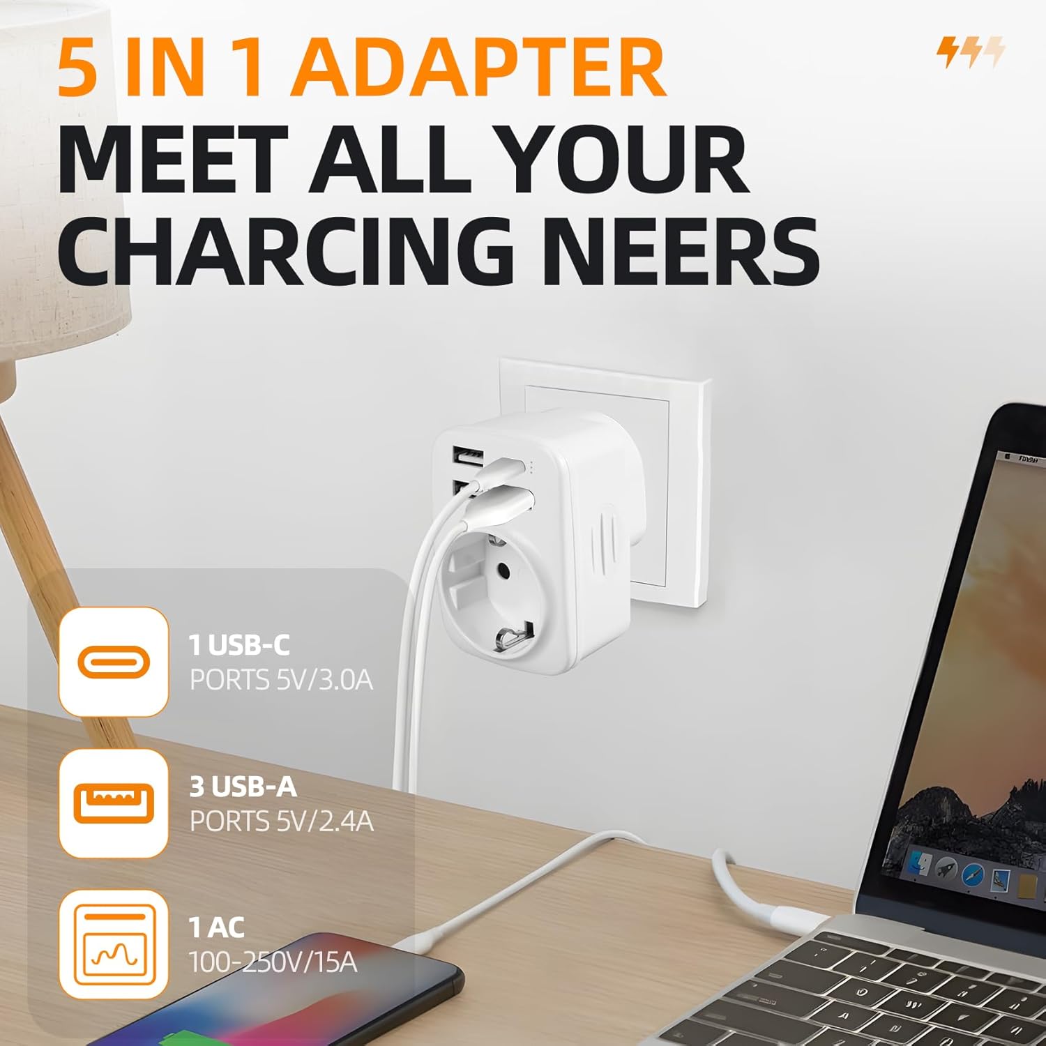 Thumbnail 4 de Adattatore Presa Inglese UK con 2 porte USB e supporto doppia tensione (100–250 V)