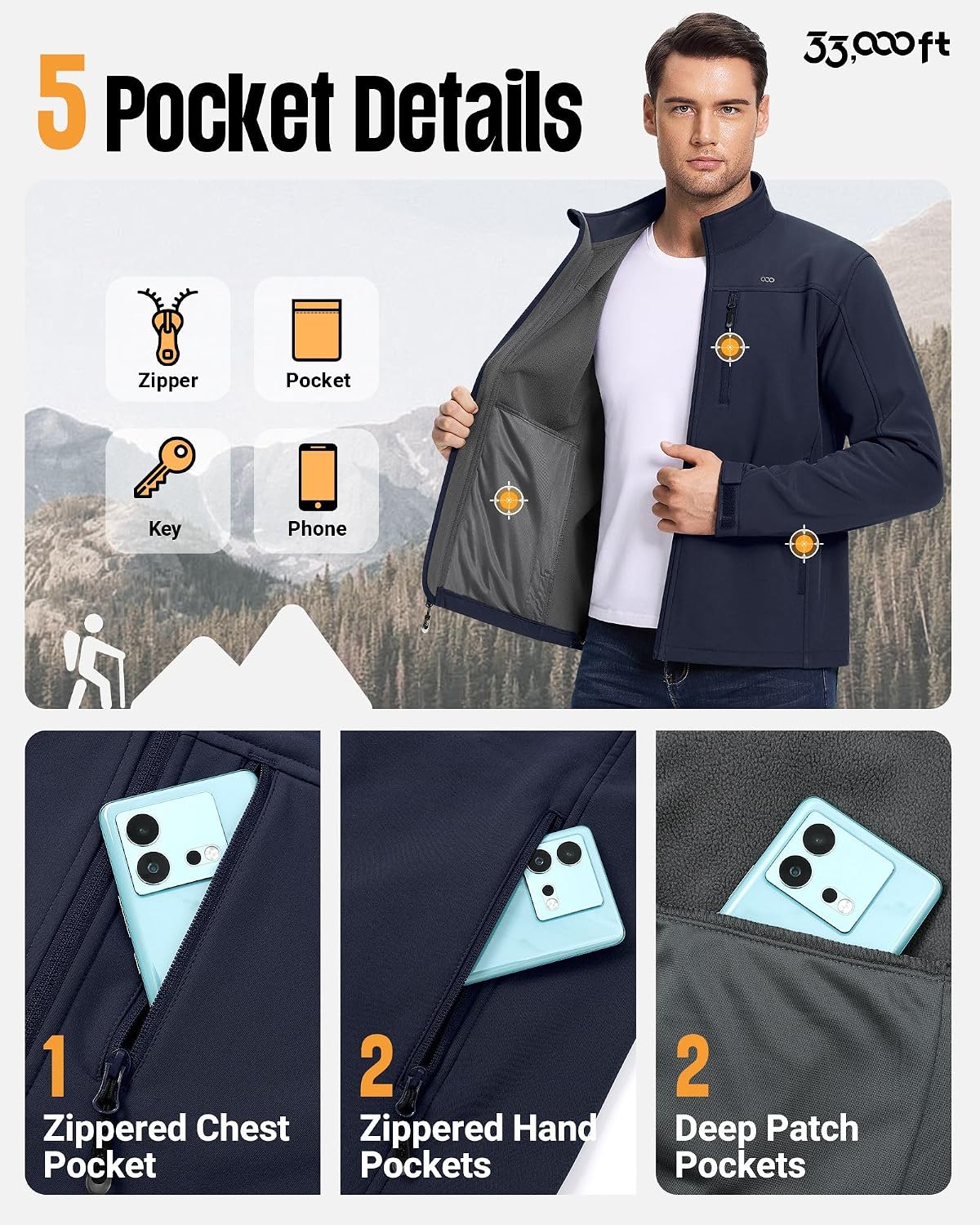 Detalle de 33,000ft Men’s Waterproof Softshell Jacket with Fleece Lining and Zip Pockets