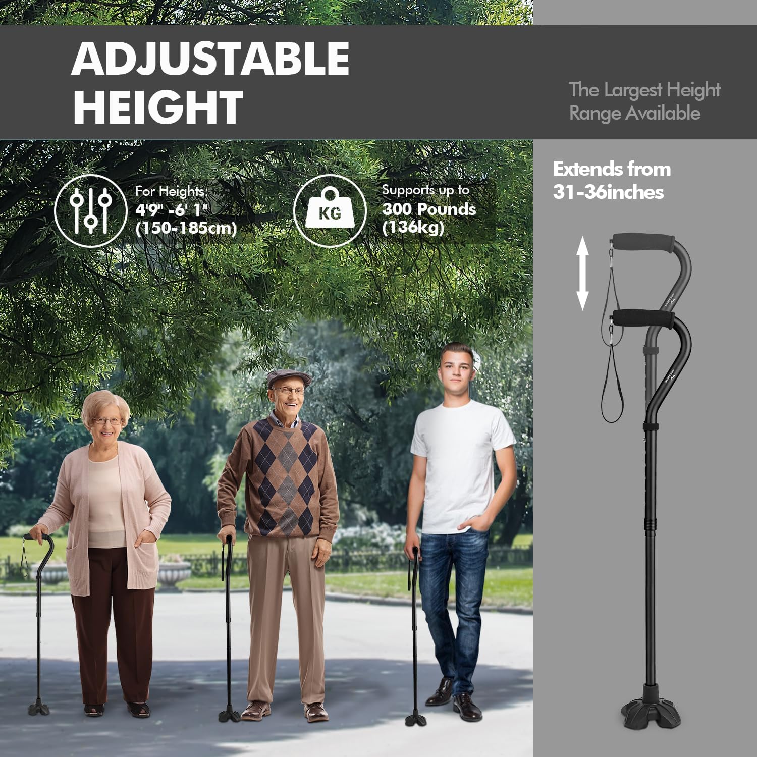 Detalle de KINGGEAR F1 Walking Stick: Lightweight Quad-Base Cane for Seniors