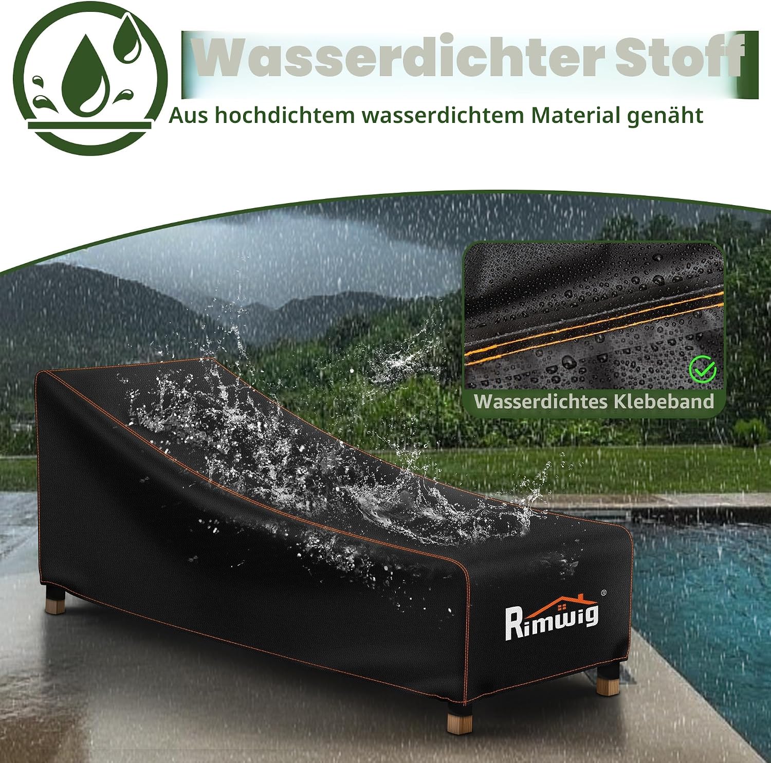 Detalle de Rimwig Gartenliege Abdeckung Wasserdicht – stabile Schutzhülle für Terrasse & Gartenliege 200x75x40/70 cm