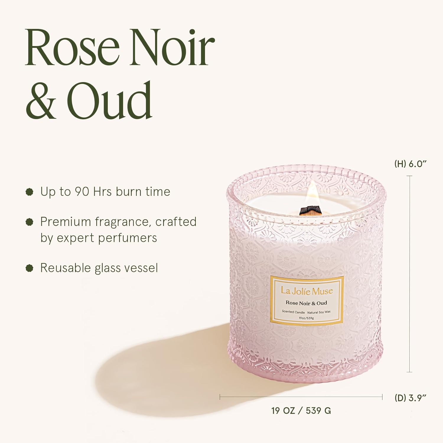 Thumbnail 4 de LA JOLIE MUSE Rose Noir & Oud Scented Candle – 19 oz Large Wooden Wick, Soy Wax, 90 Hours