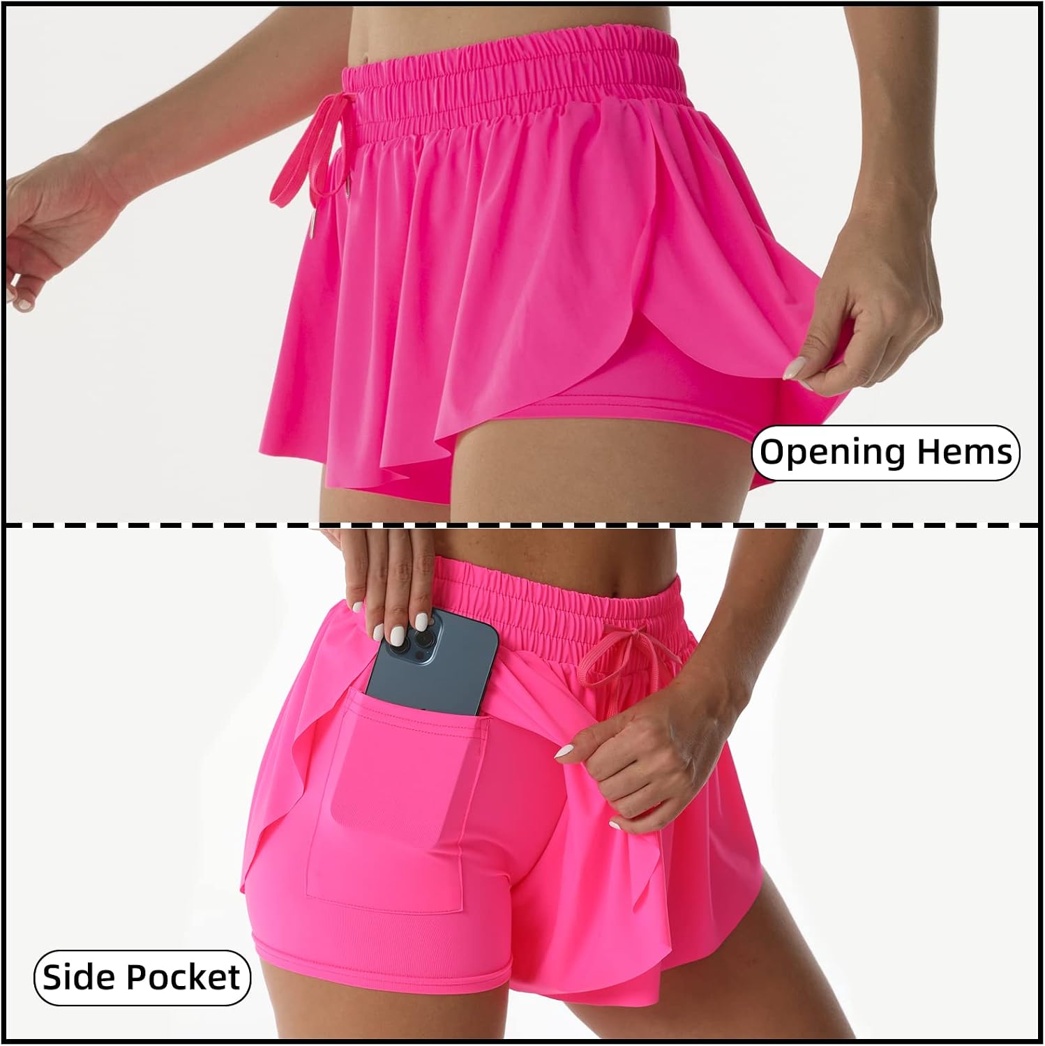 Detalle de Flowy Athletic Shorts for Women (2-in-1 Double Layer) — Running, Tennis, Butterfly Style