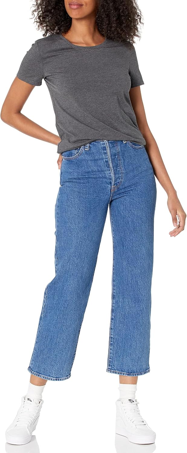 Detalle de Amazon Essentials Damen Kurzärmliges Regular-Fit T-Shirt, Pack 2 – Dunkelgrau Meliert, Round/Nek V-Ausschnitt, XXL