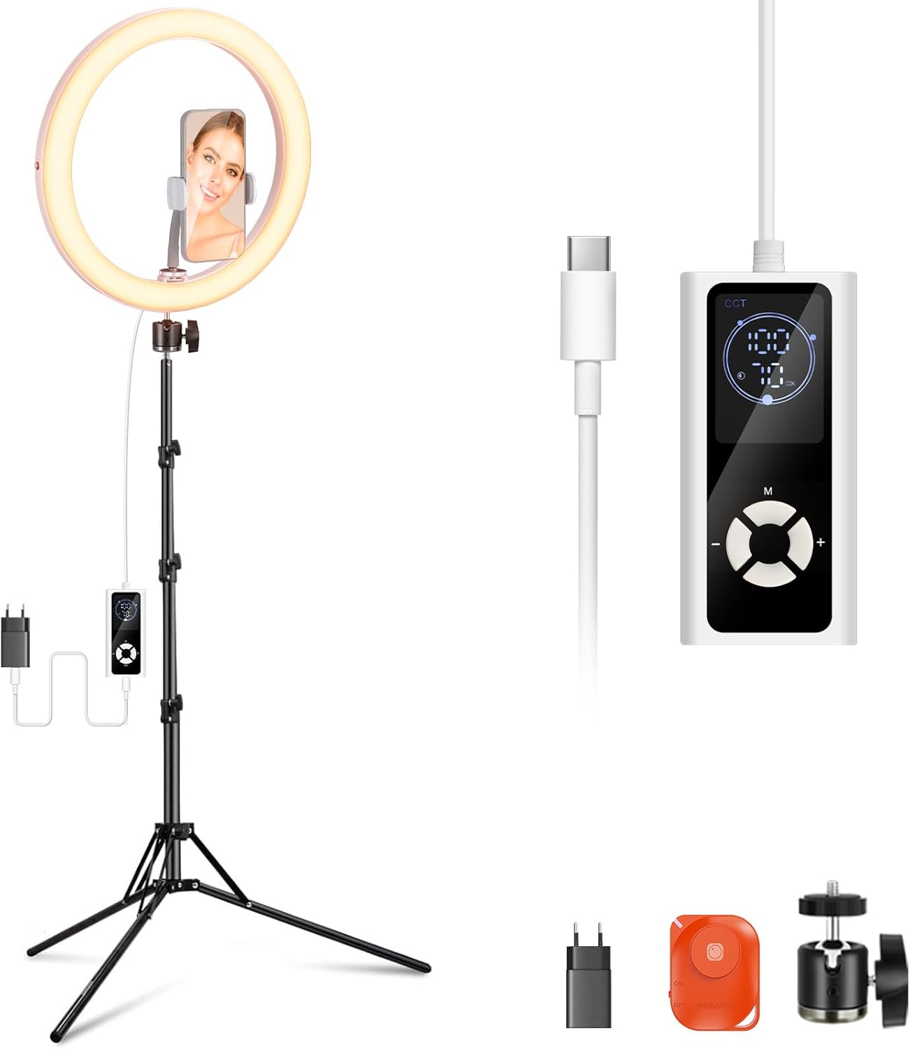 Detalle de NEEWER RH12B Pro Anneau lumineux LED 30W—180 cm de trépied et fixation mobile pour YouTube, maquillage et vlog