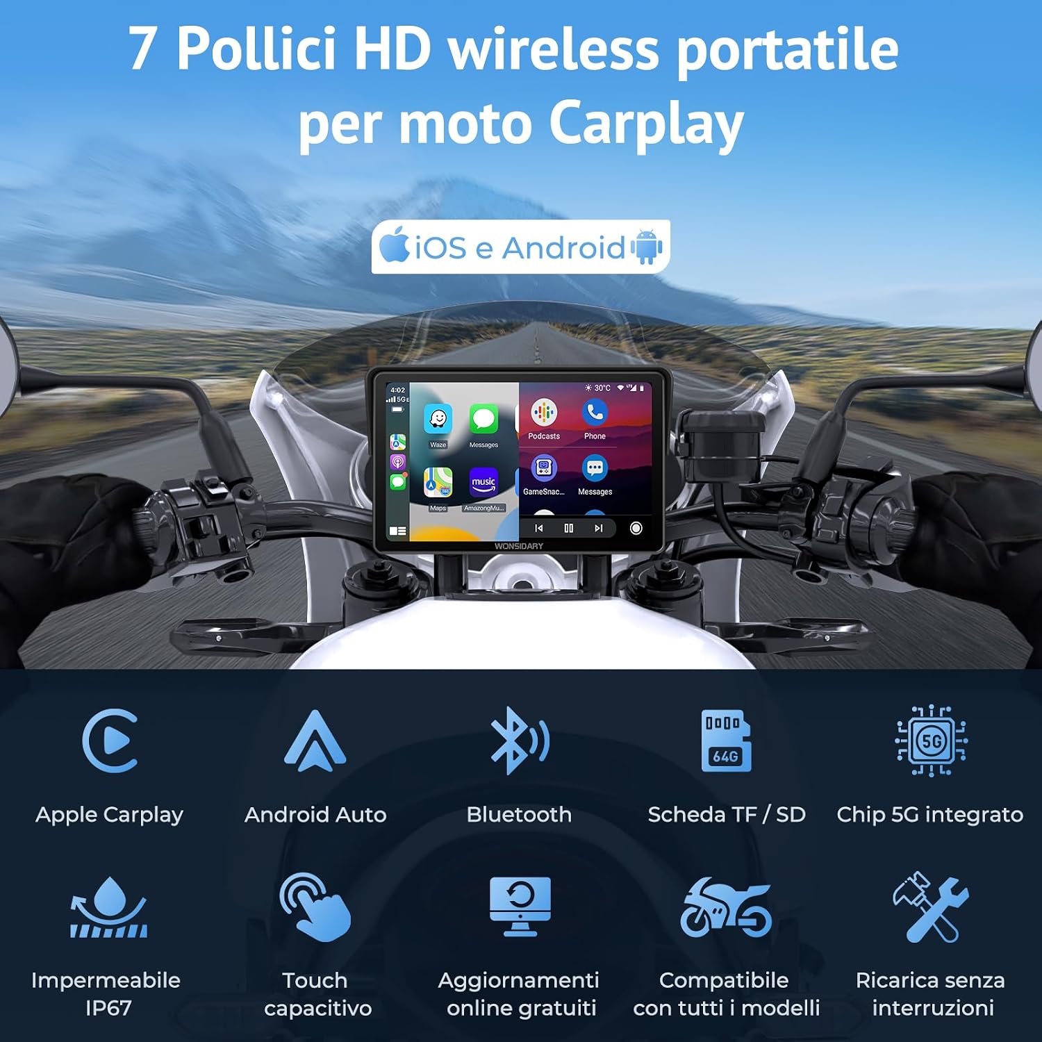 Detalle 2 de Wonsidary W722 CarPlay per moto 7 pollici