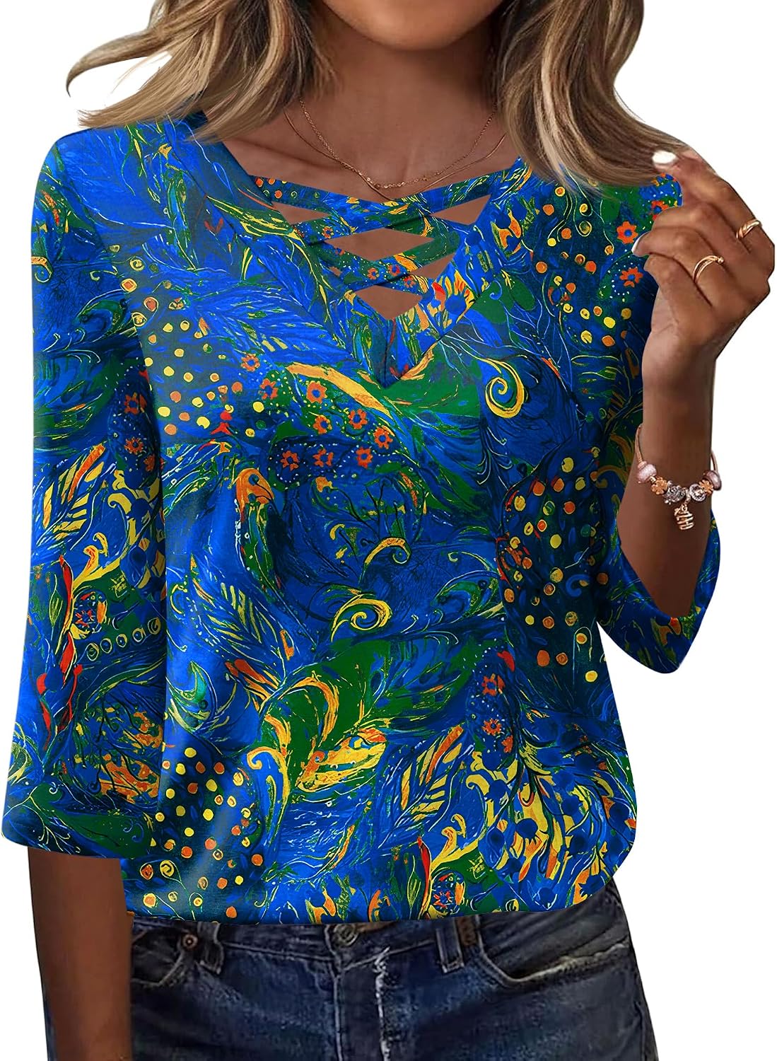 Detalle de Rapbin Women's Dressy Casual 3/4 Sleeve V-Neck Cross Tee