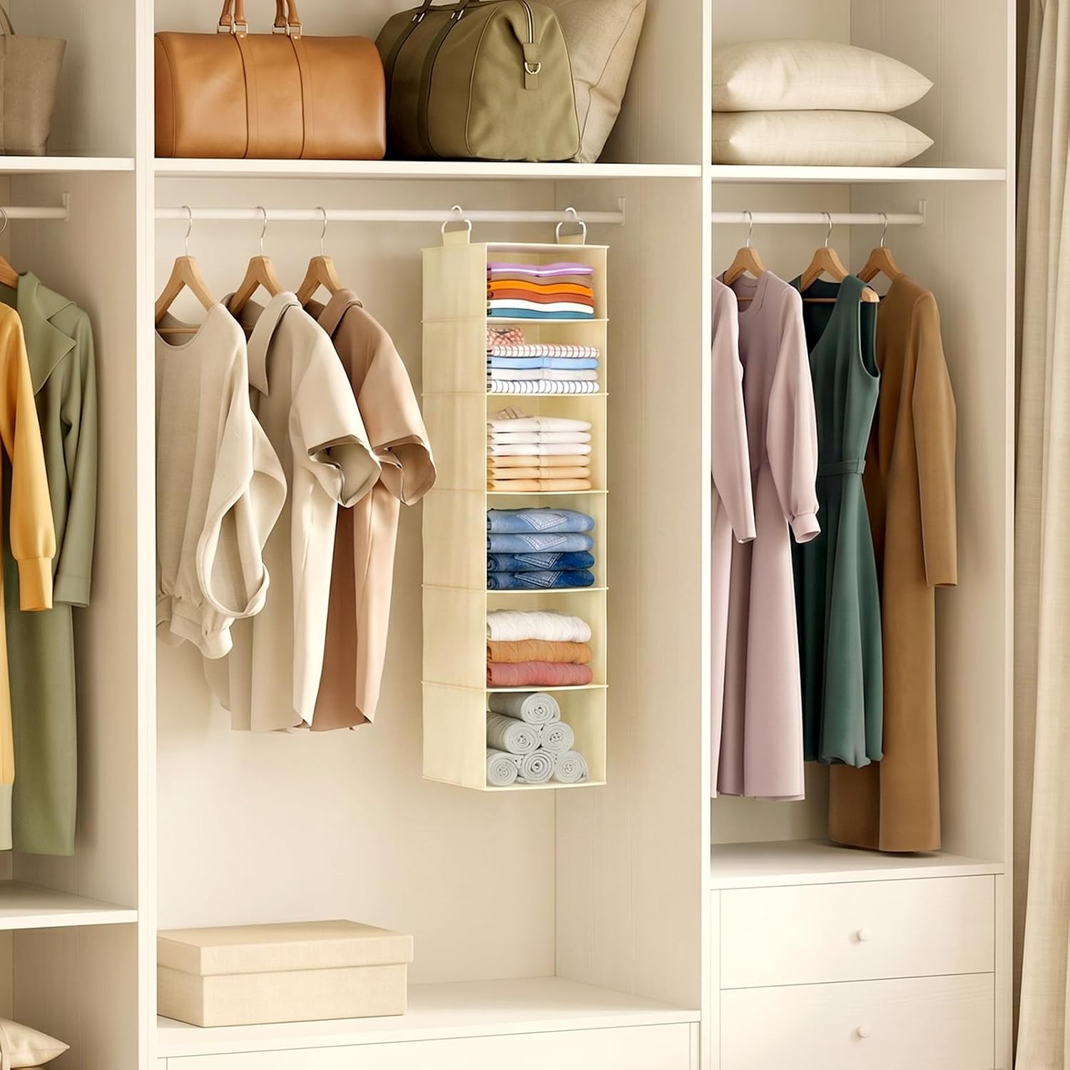 Detalle 2 de Lifewit 25081 Hanging Wardrobe Organiser, 6 Tiers, Foldable, Beige, 2 Pack