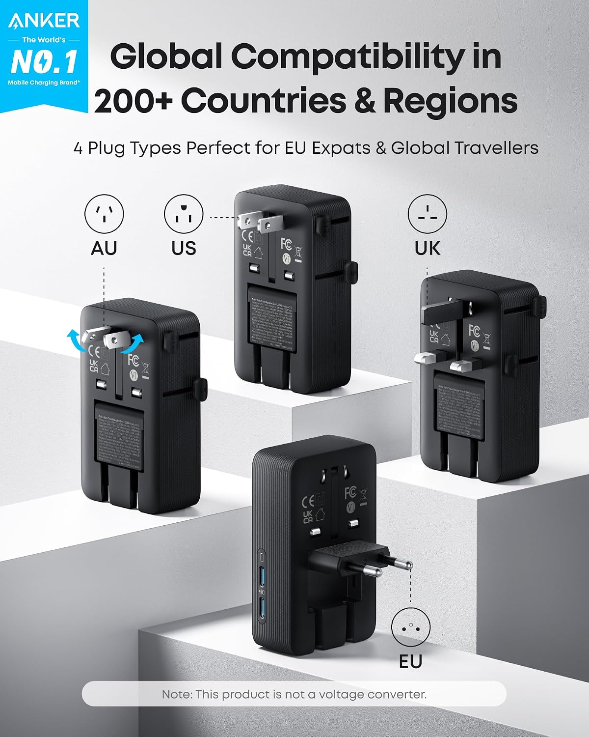 Detalle de Anker Universal Travel Adapter 5-in-1 for UK/EU/US/AU with 20W USB-C and 4 USB Ports