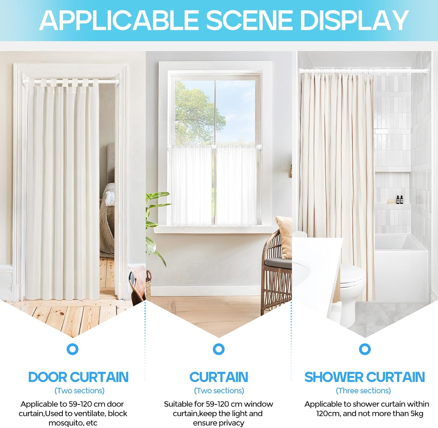 Thumbnail 4 de ZipGlo Zipglo Extendable Curtain Pole (59–120 cm) – tension rod for shower curtains, bathroom, windows & more, white