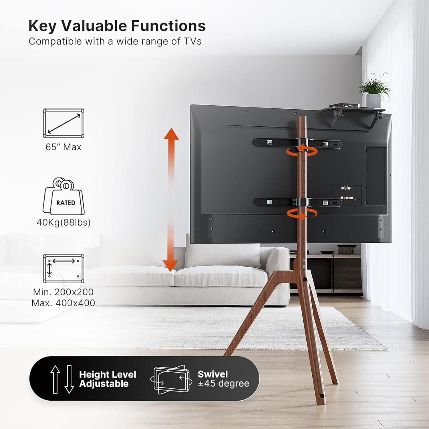 Thumbnail 3 de PUTORSEN Premium Wood Easel TV Stand (Walnut) for 45–65 Inch TVs, Adjustable Swivel Tripod with Hidden Cable Management