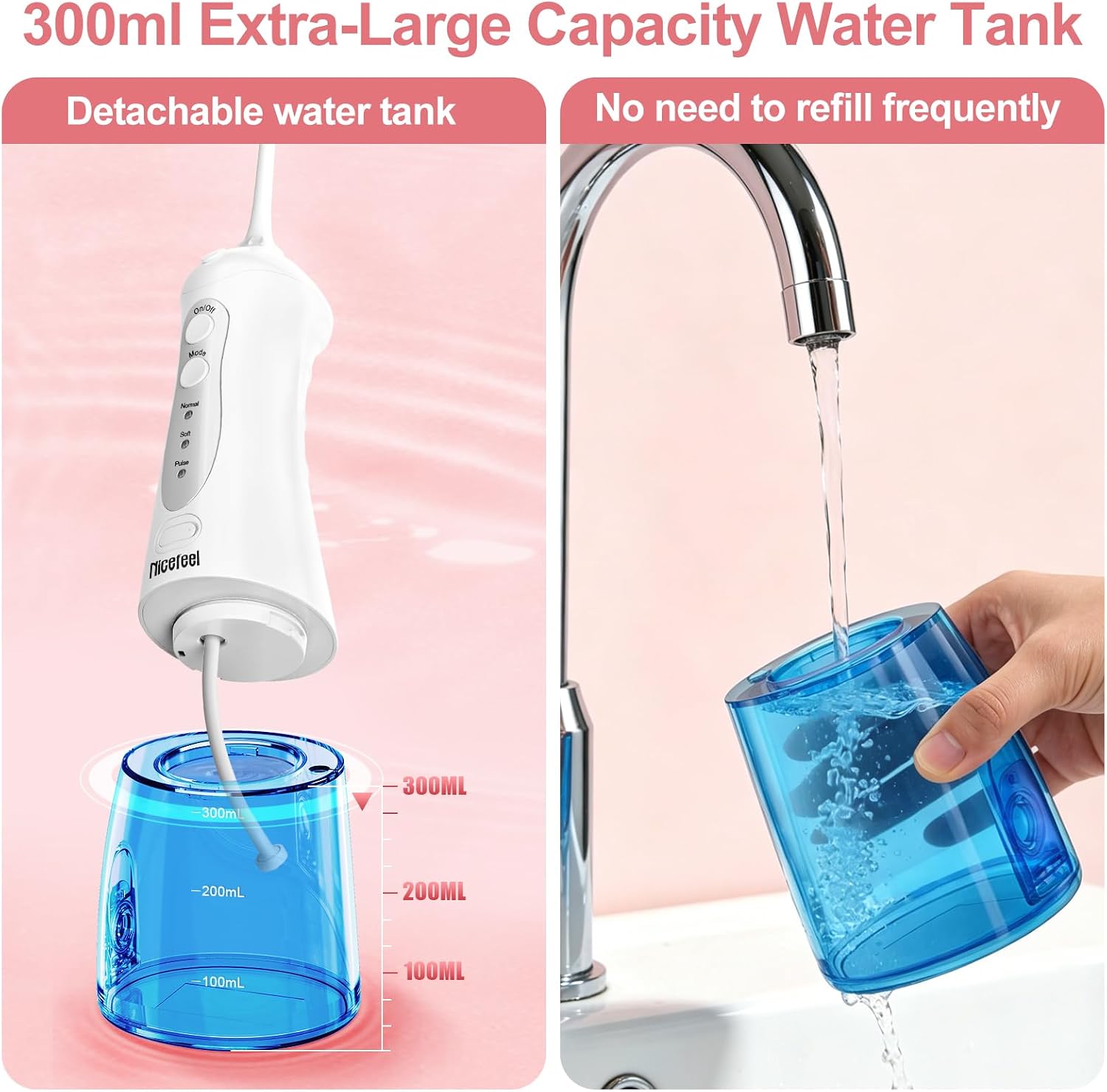 Detalle de Nicefeel Cordless Water Flosser (300ml) with 4 Jet Tips, 3 Modes, USB Rechargeable, IPX7 Waterproof