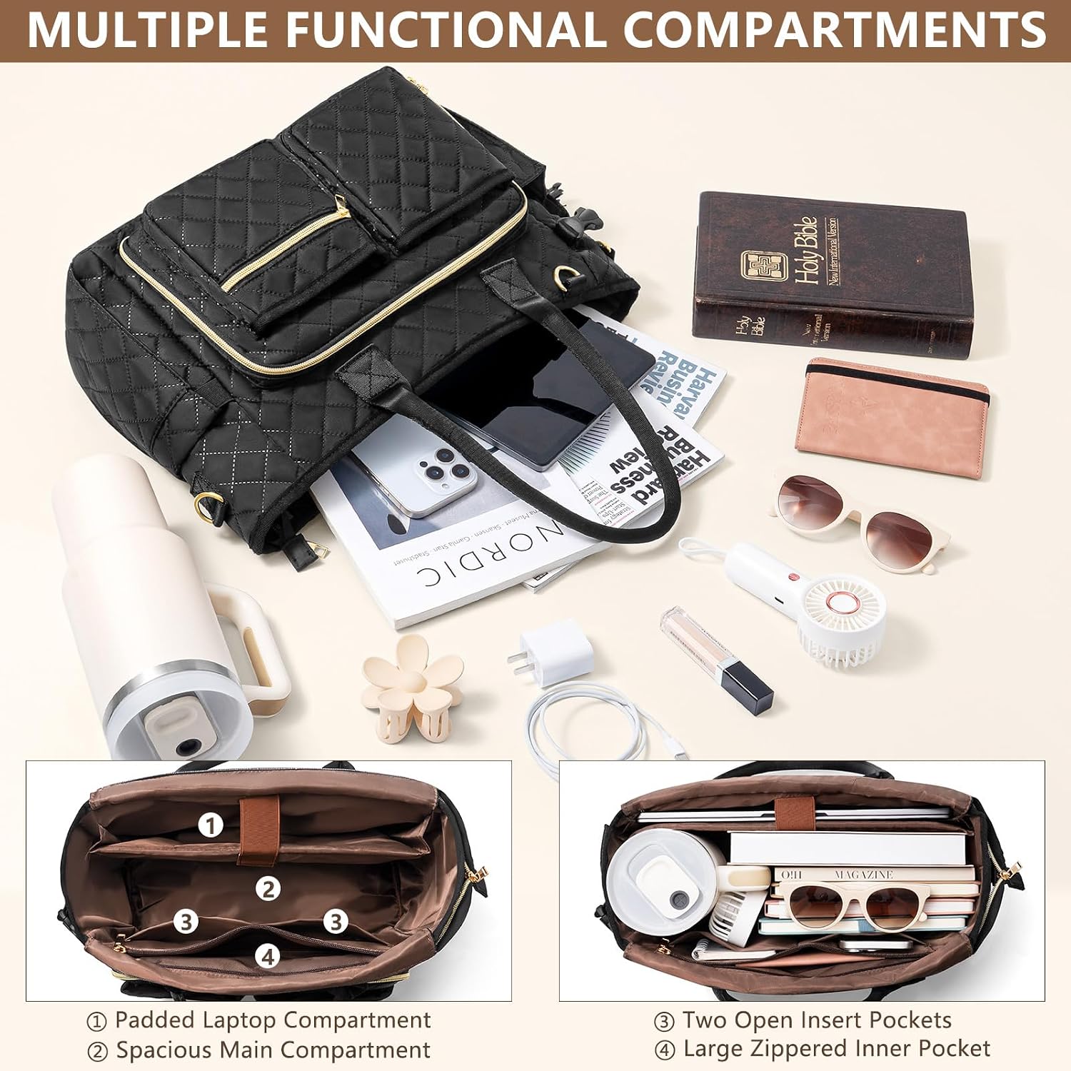 Detalle 2 de FLOE SJTT001 Quilted Bible Tote Bag with Study Supplies and Laptop Sleeve