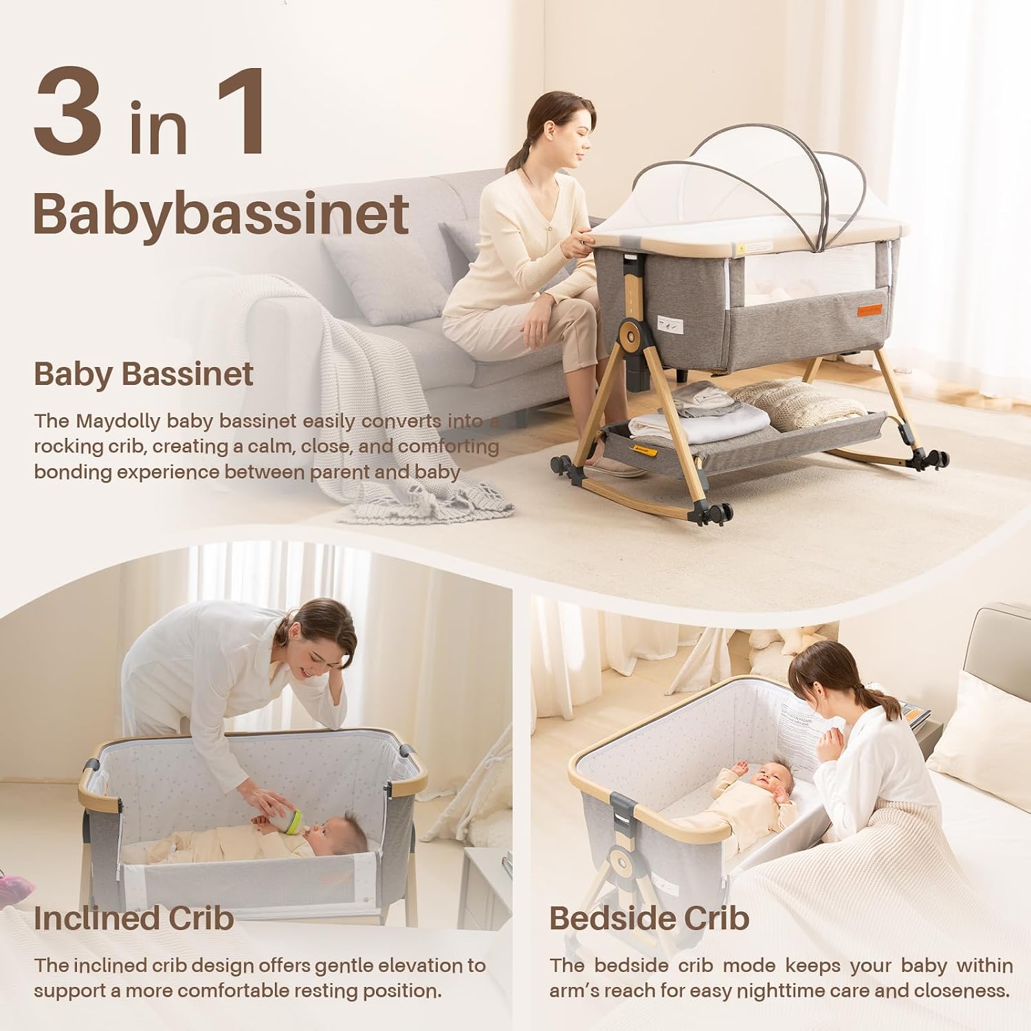 Thumbnail 2 de Maydolly CC03 3-in-1 Baby Bassinet Bedside Crib with Adjustable Height