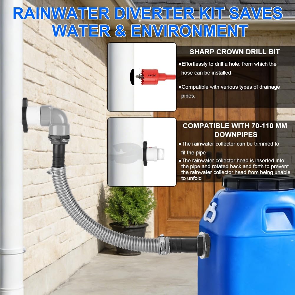 Detalle de AOOWU 5083071 regenwaterverzamelaar voor regenpijp, 70–110 mm, slang van 100 cm
