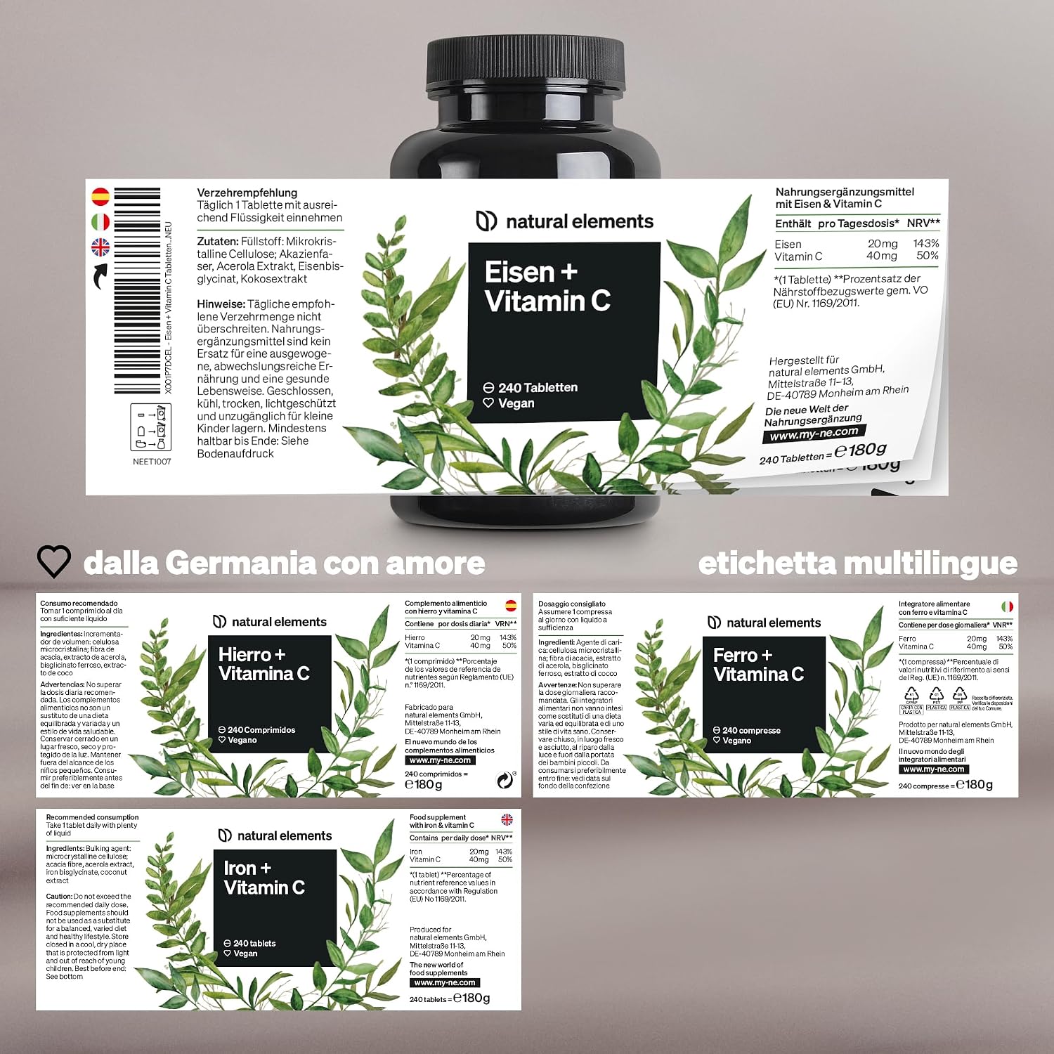 Thumbnail 4 de natural elements Integratore Ferro con 40mg Vitamina C (da bisglicinato ferroso) – 240 compresse vegane