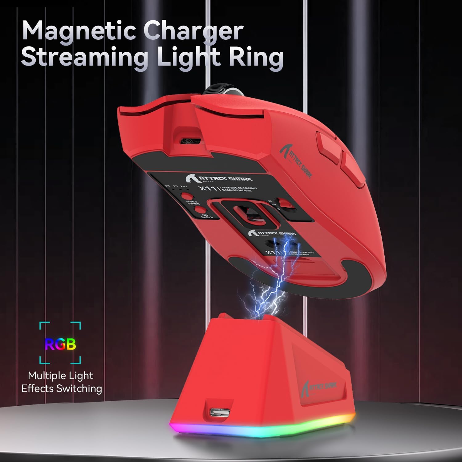 Thumbnail 3 de ATTACK SHARK X11 Gaming-Maus mit Magnet-Ladestation, PixArt PAW3311 und 3 Modi (2,4G/BT/kabelgebunden) – Red