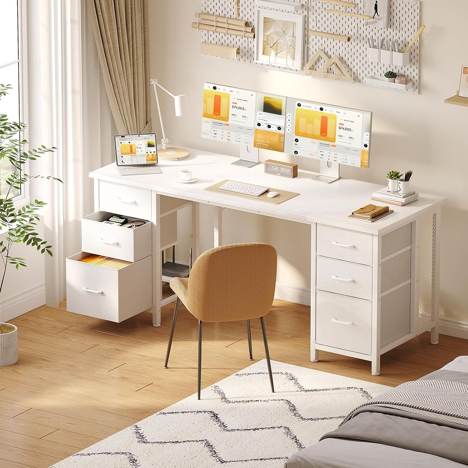 Detalle de Coleshome ODF-r24 skrivbord med 6 lådor, hylla och USB-uttag, 160 × 52 cm