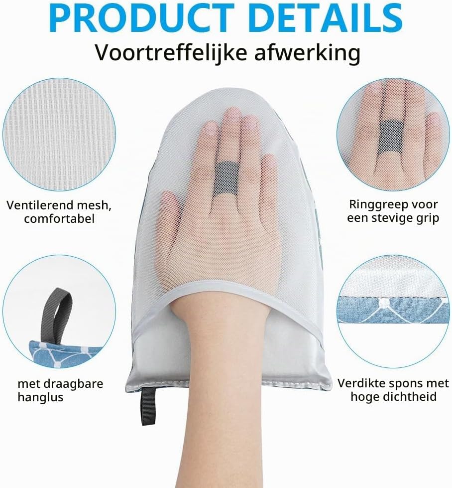 Detalle de Vicloon stoomstrijkhandschoen met vingerlus, schuimvulling en blauw raster