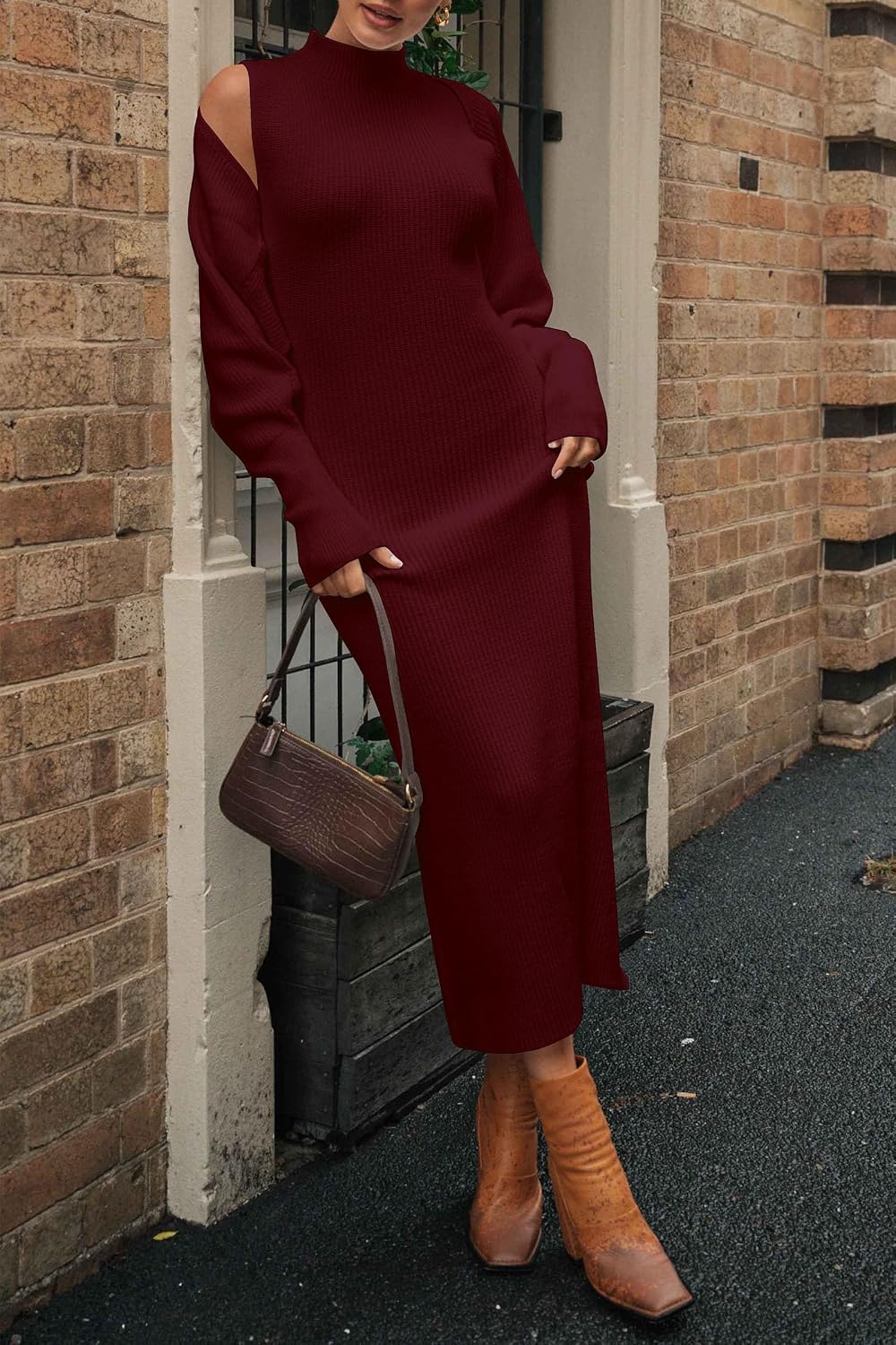 Detalle de PRETTYGARDEN Women’s Fall 2-Piece Knit Dress Set with Cropped Cardigan (Mock Neck Maxi)