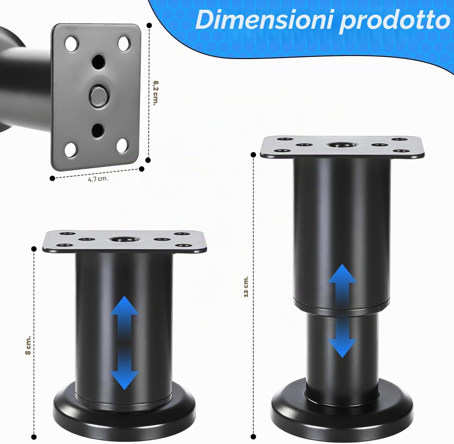Thumbnail 1 de Piedini Regolabili ACOMTUO 4 Pezzi per Mobili, Altezza 8–12 cm, Nero, con Viti – Stabilità e Protezione pavimenti
