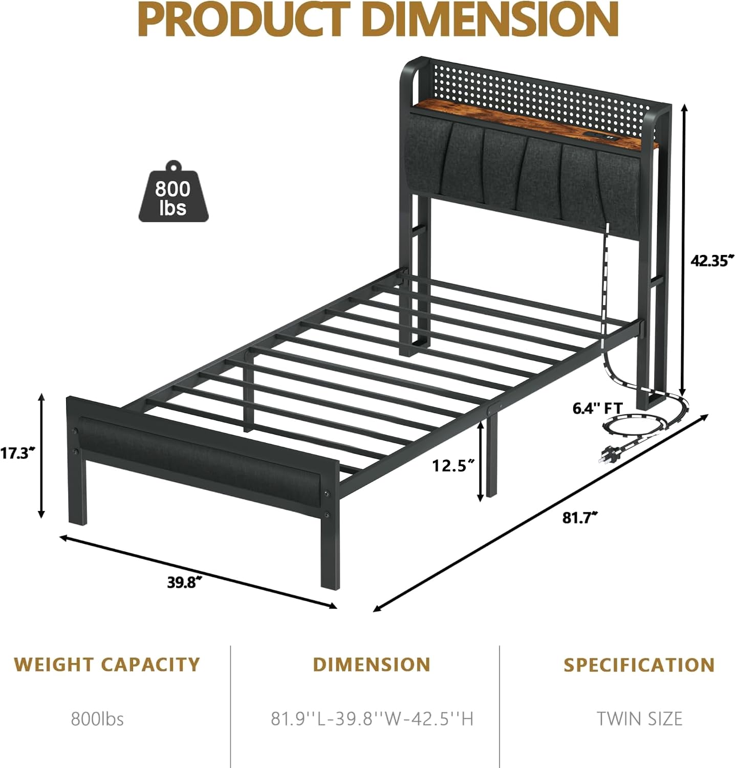 Detalle 2 de Furnulem Twin Bed Frame with RGB LED Lighting, Charging Station and Upholstered Headboard