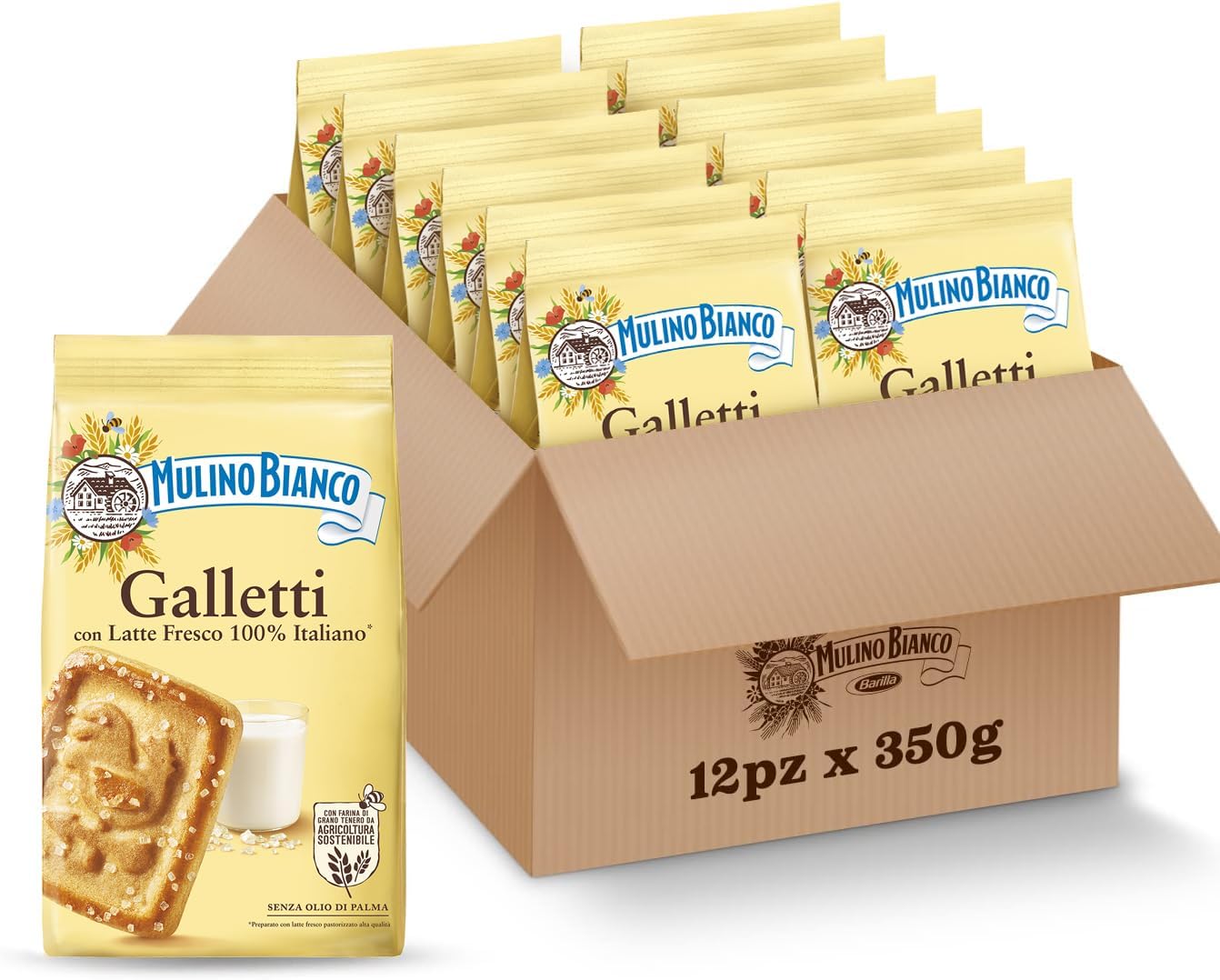 Mulino Bianco Biscotti Frollini Galletti – 12 Pack da 350 g con Latte Fresco 100% Italiano, senza olio di palma