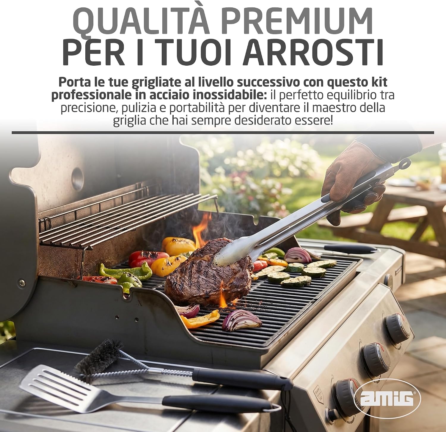 Thumbnail 6 de Amig Kit 3 Accessori per Barbecue AM02: spatola, pinze e spazzola in acciaio inox con custodia