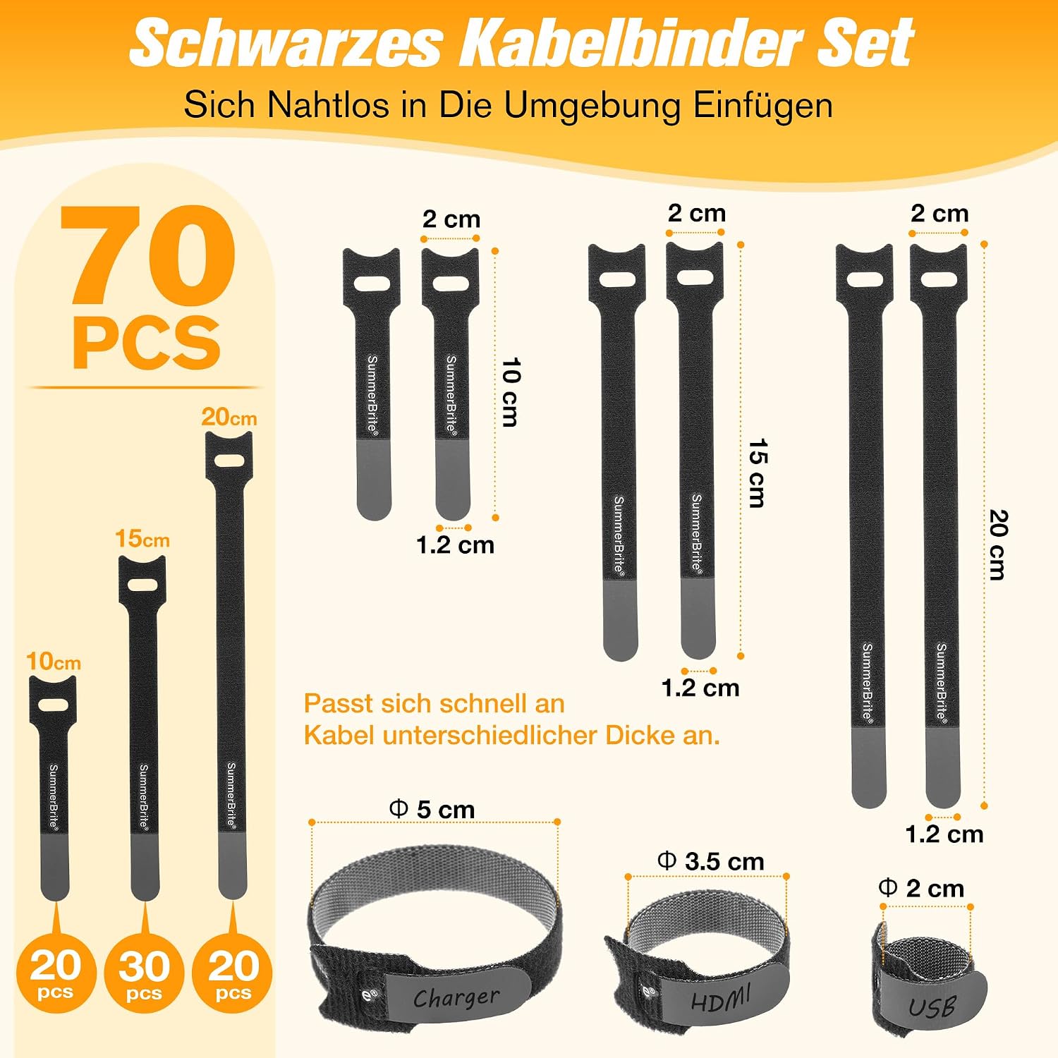 Detalle 2 de Summerbrite Kabelbinder Klett 70 Stück 10/15/20 cm