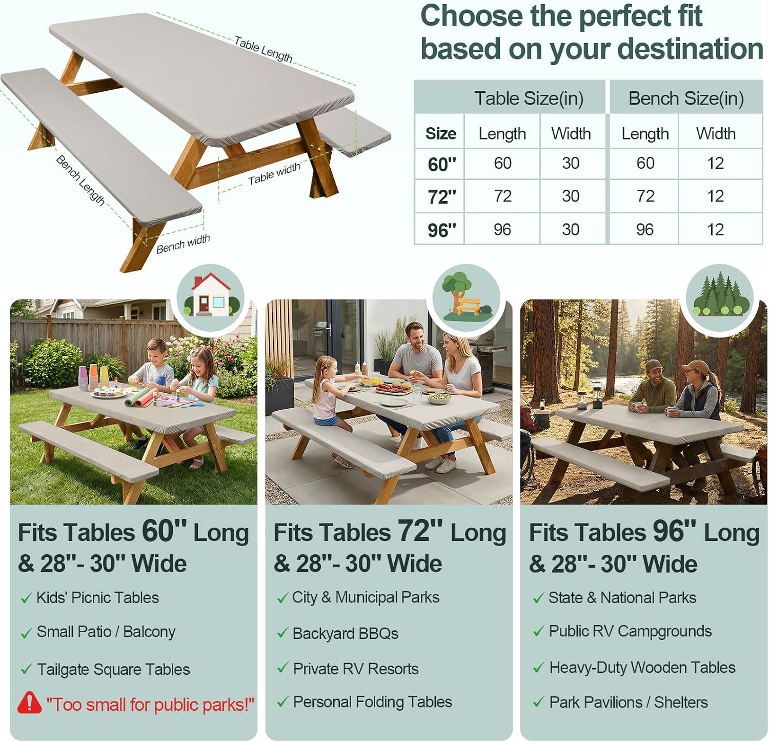 Detalle de Picnic Table Cover with Bench Covers for 6FT Tables (72in) — Waterproof, Windproof Set with Drawstring Bag, Beige Linen Texture
