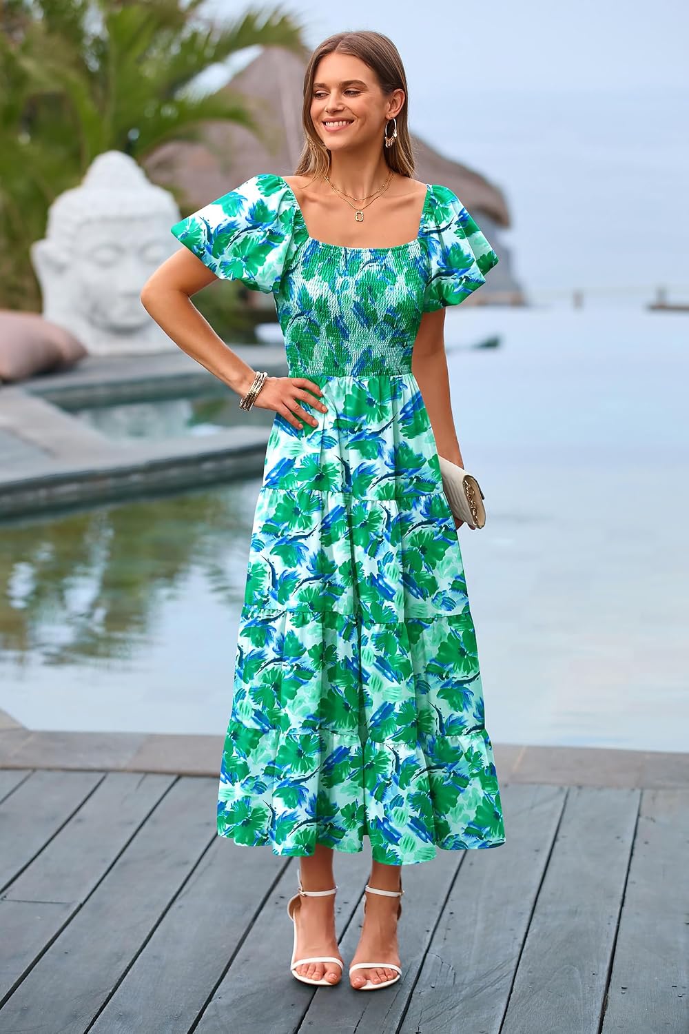 Detalle 1 de PRETTYGARDEN Women’s Casual Summer Midi Dress with Smocked Bodice, Tiered Ruffles & Square Neck
