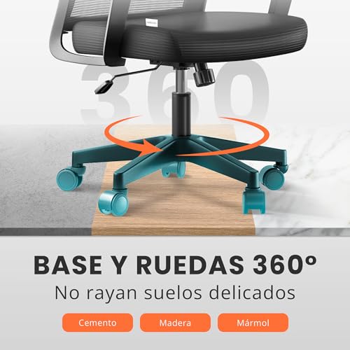 Thumbnail 6 de JUPPLIES silla de escritorio ergonómica ajustable y reclinable con soporte lumbar, reposacabezas y malla transpirable (hasta 120 kg, negro)
