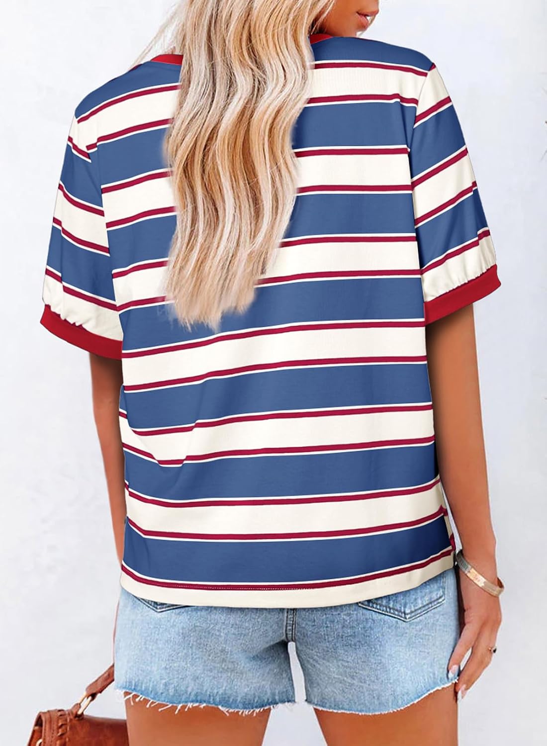 Detalle 2 de Dokotoo Womens Summer Tops 2026 Striped Color Block Short Sleeve T-Shirt