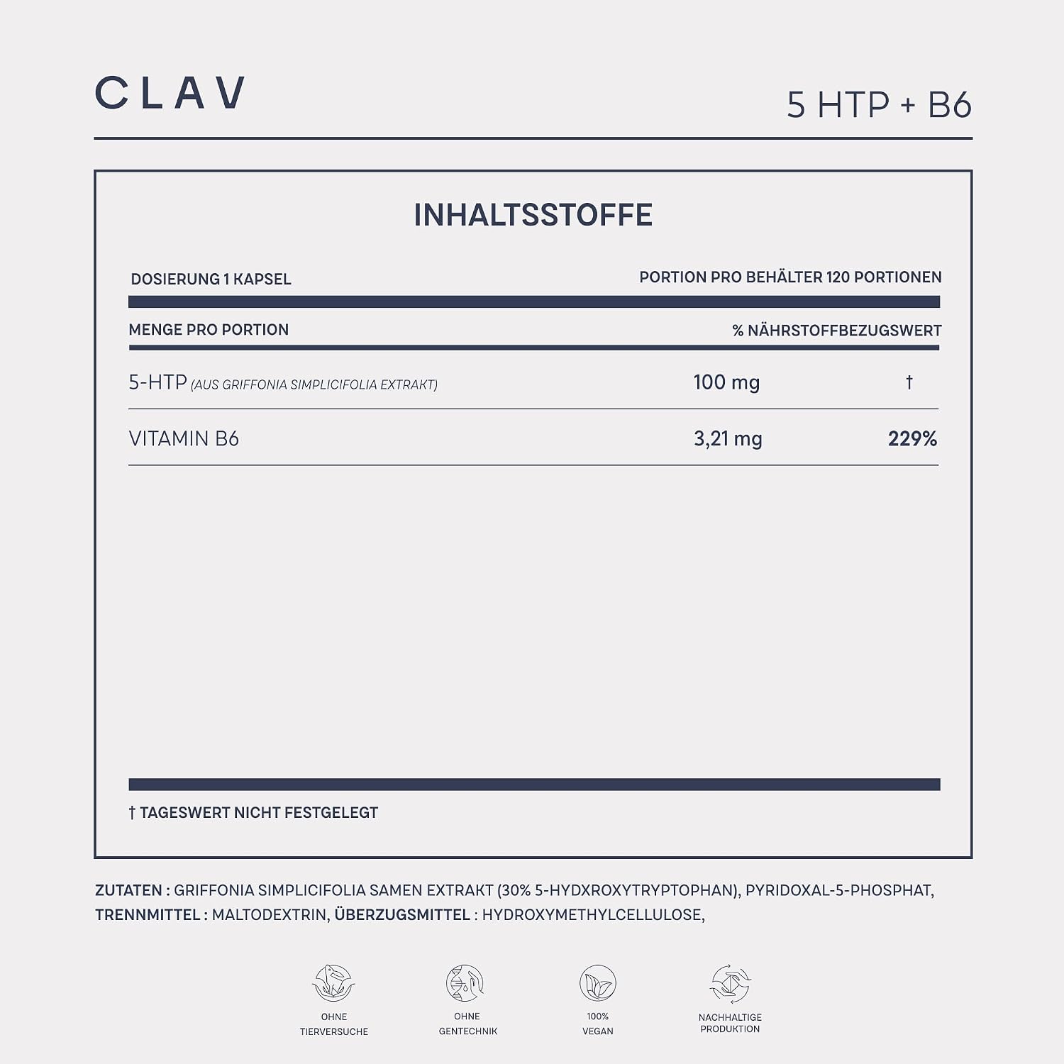 Detalle 2 de CLAV® 5-HTP Kapseln hochdosiert mit Vitamin B6 – 120 Kapseln à 100 mg