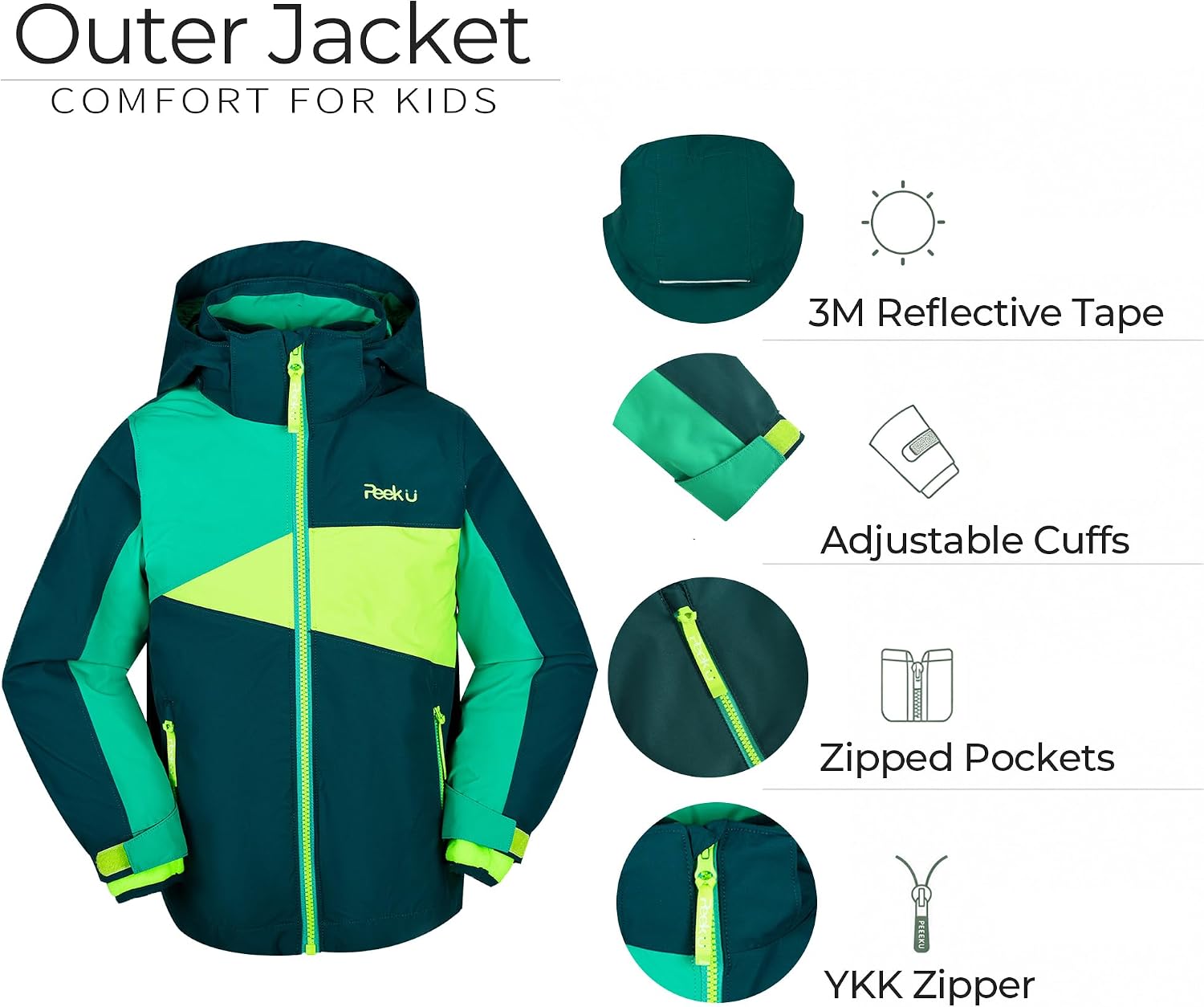 Detalle de PEEKU Kids 3-in-1 Jacket with Detachable Fleece, Water-Resistant Shell