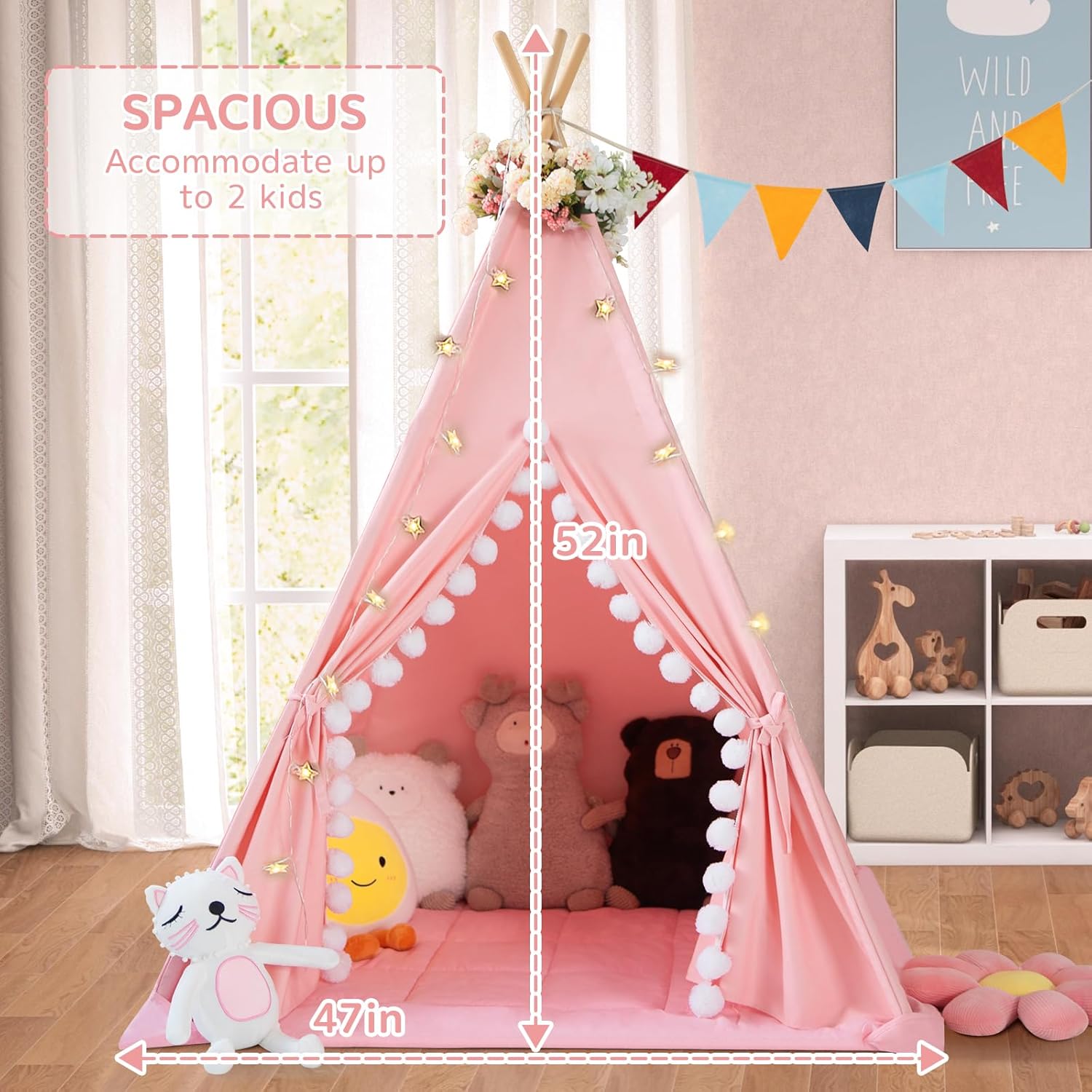 Thumbnail 4 de WIRHAO Kids Teepee Tent with Padded Mat, Cotton Canvas & Stars Lights (Pink)