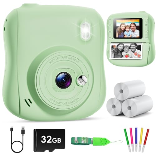 Detalle de Hangrui Cámara Fotos Infantil Instantánea 1080P con Tarjeta 32GB, Papel + Bolígrafos de Colores – Verde