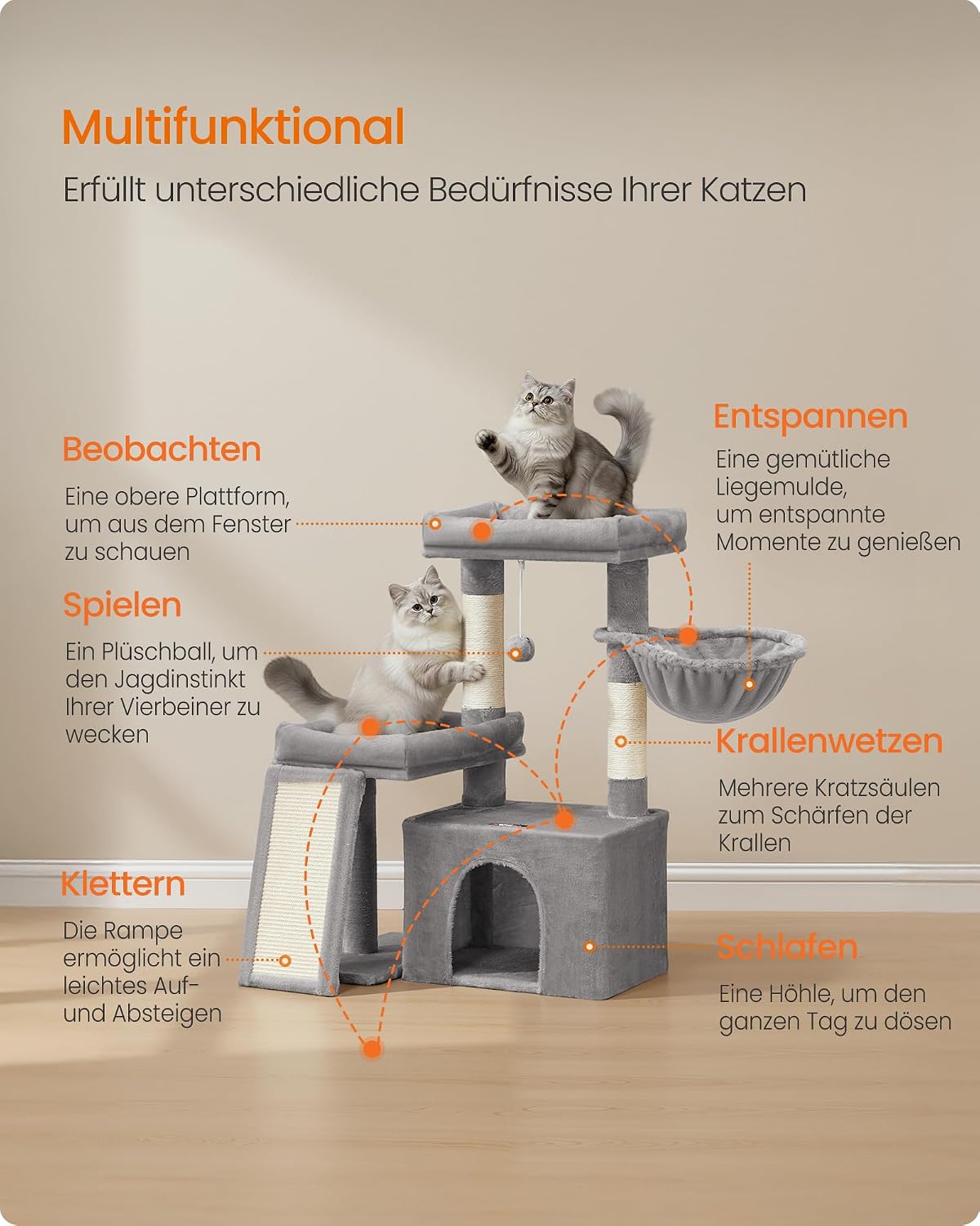 Detalle de Feandrea Kratzbaum mit Kratzsäulen, Rampe und 2 großen Plattformen (Taubengrau) PCT013GD01