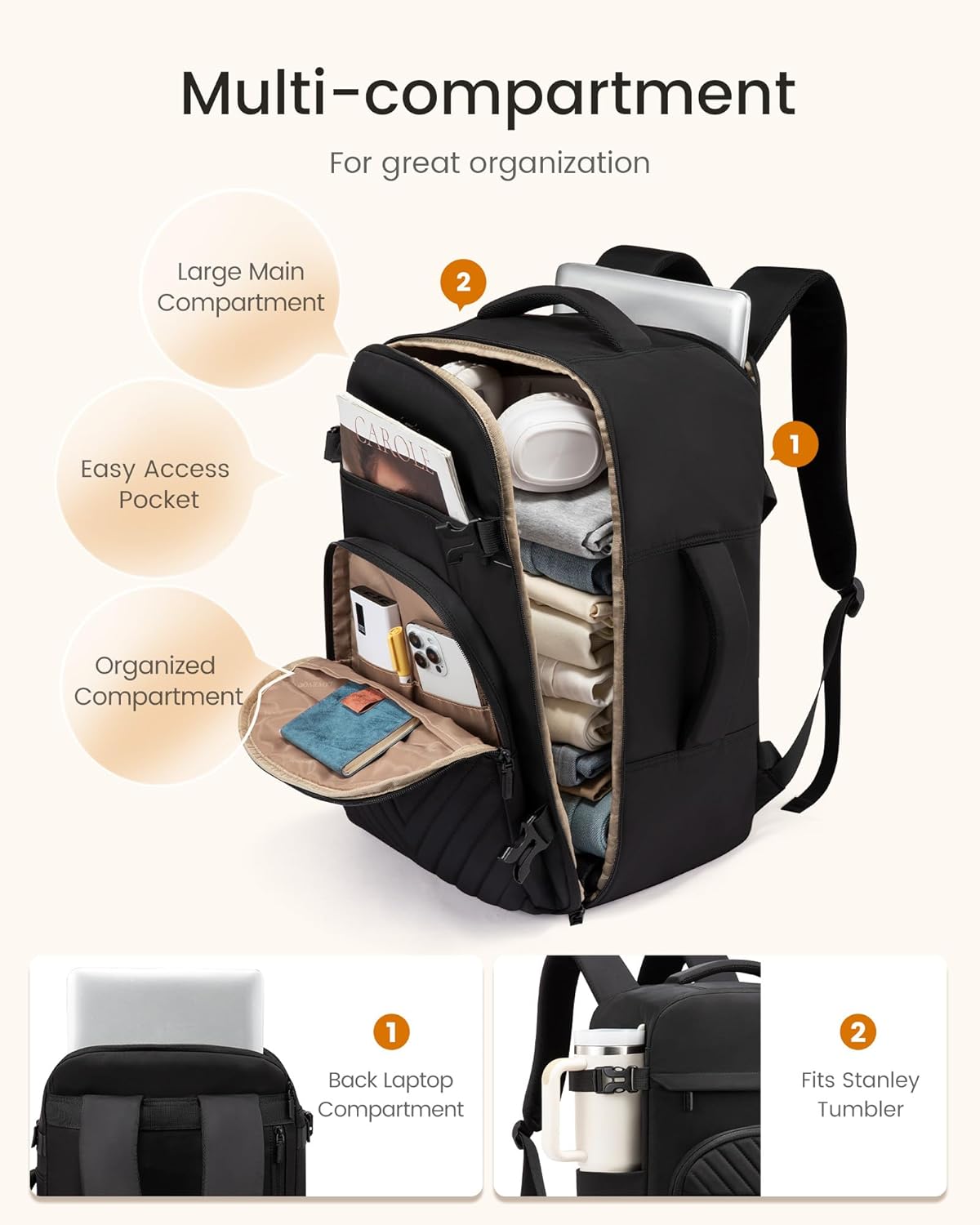 Detalle de LOVEVOOK 40L Travel Backpack for Women & Men (TSA Personal Item) with Waterproof Compartments and Laptop Sleeve, Black