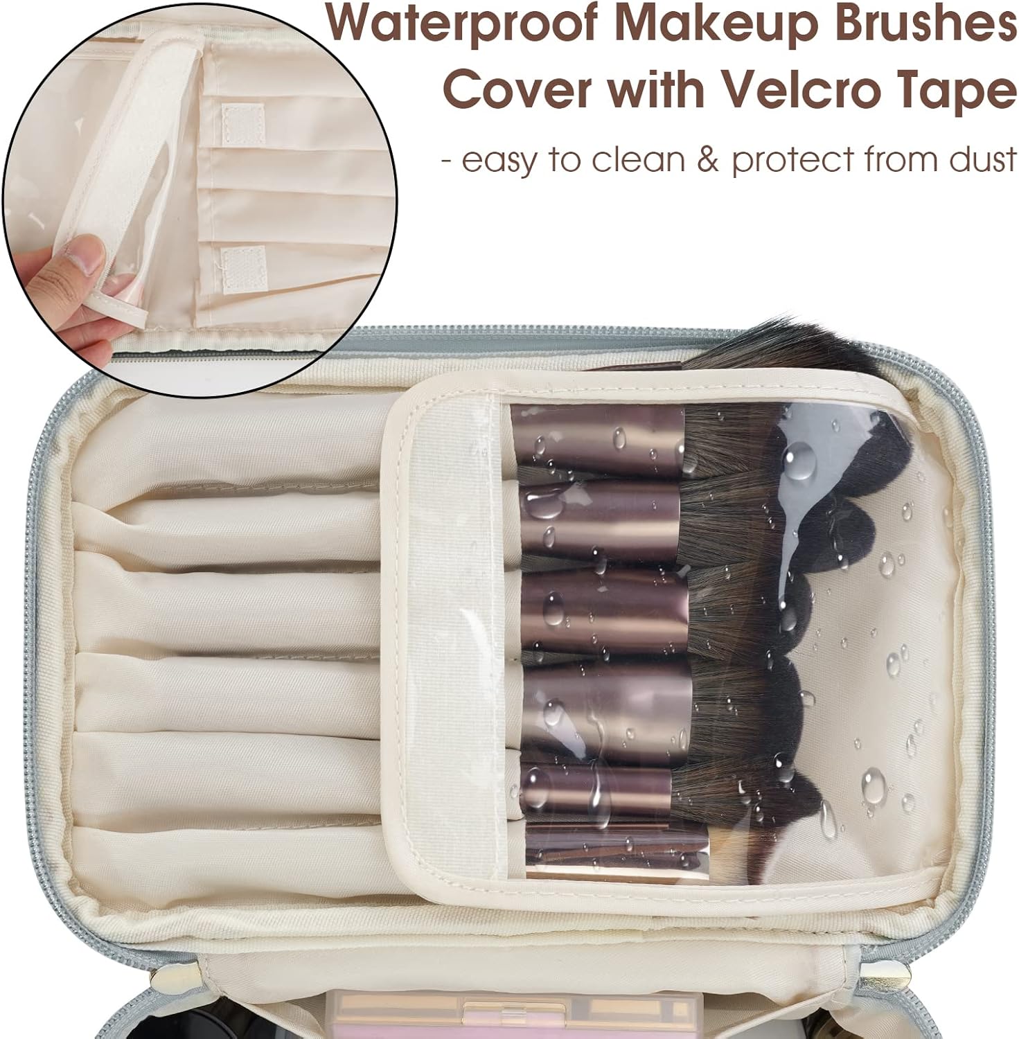 Detalle 2 de Wandering Nature Travel Makeup Bag with Brush Compartment (Greyish Blue) – PU Vegan Leather Case with Handle
