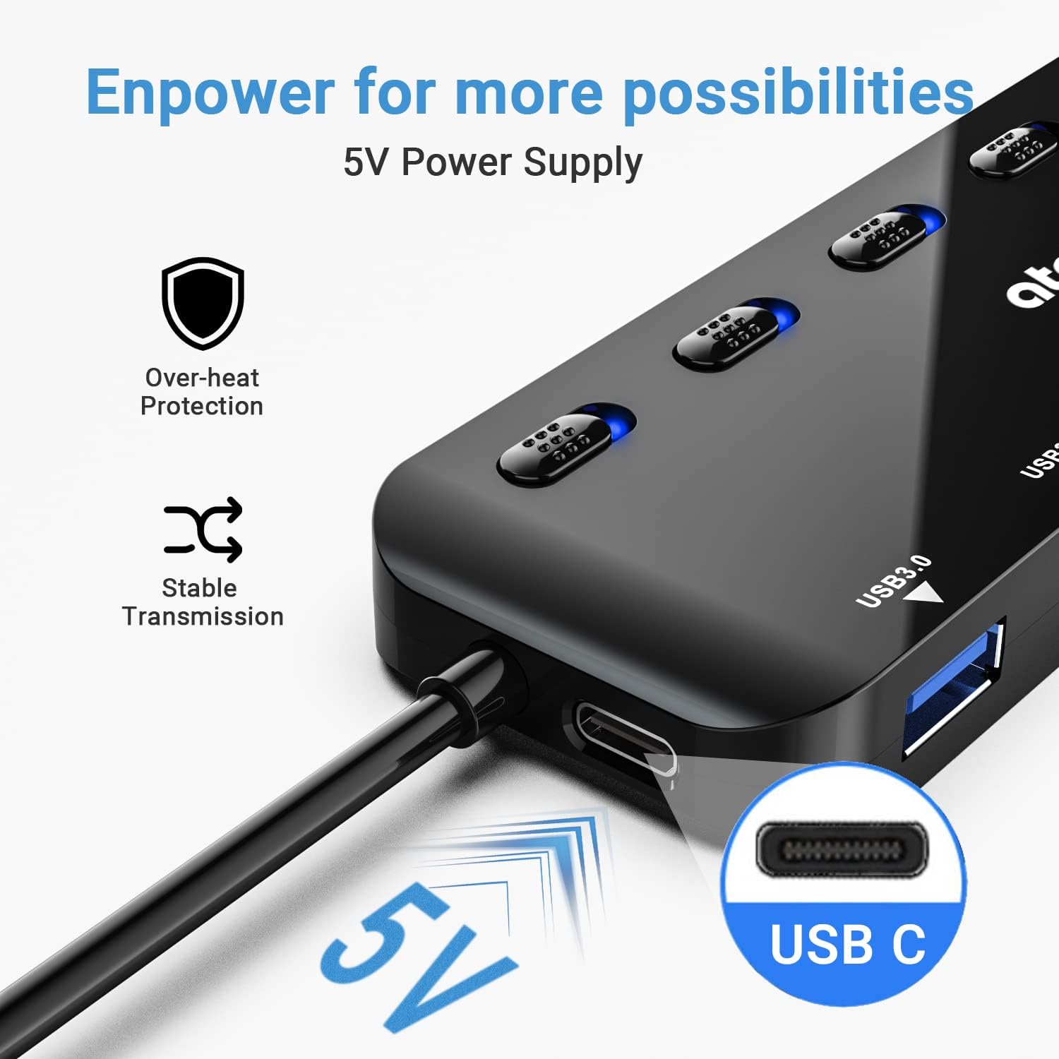 Thumbnail 3 de atolla 7 ports USB 3.0 Hub Splitter ultra fin avec interrupteurs individuels et extension 100 cm