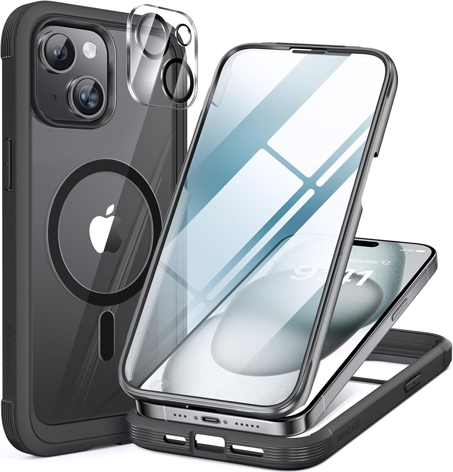 Miracase 360-Grad Hülle für iPhone 15 mit MagSafe, integriertem 9H-Glas & Kameraschutz (Schwarz)
